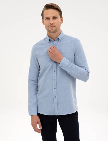 Mavi Slim Fit Dokulu Uzun Kollu Gömlek