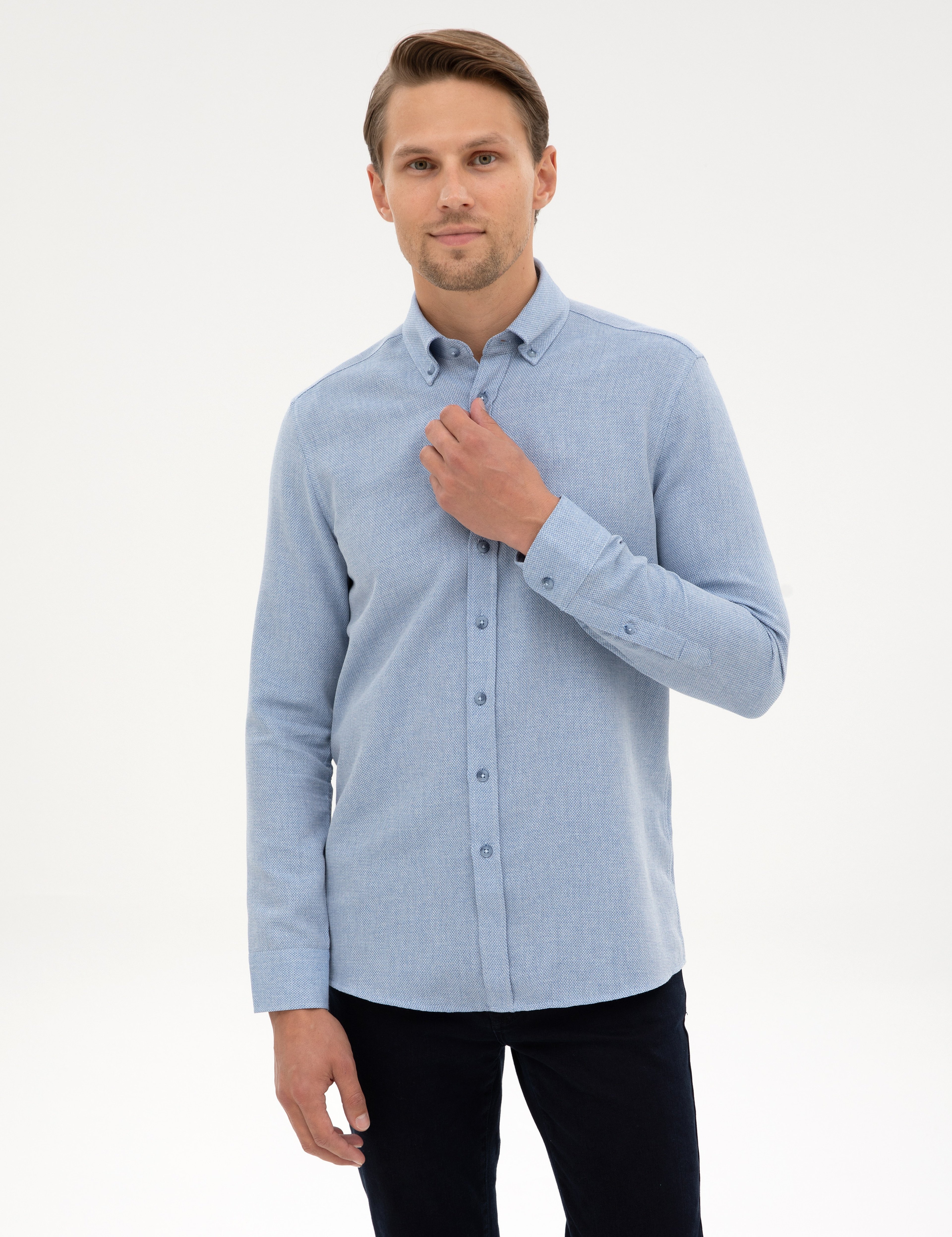 Mavi Slim Fit Dokulu Uzun Kollu Gömlek - Image 1