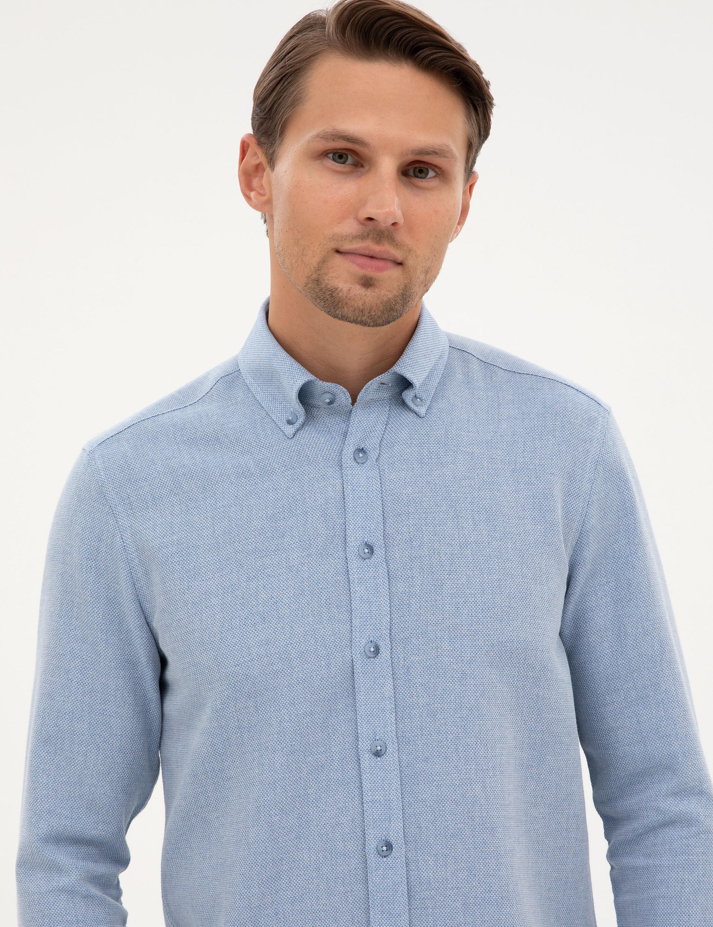 Mavi Slim Fit Dokulu Uzun Kollu Gömlek