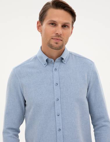 Mavi Slim Fit Dokulu Uzun Kollu Gömlek