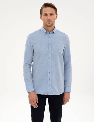 Mavi Slim Fit Dokulu Uzun Kollu Gömlek
