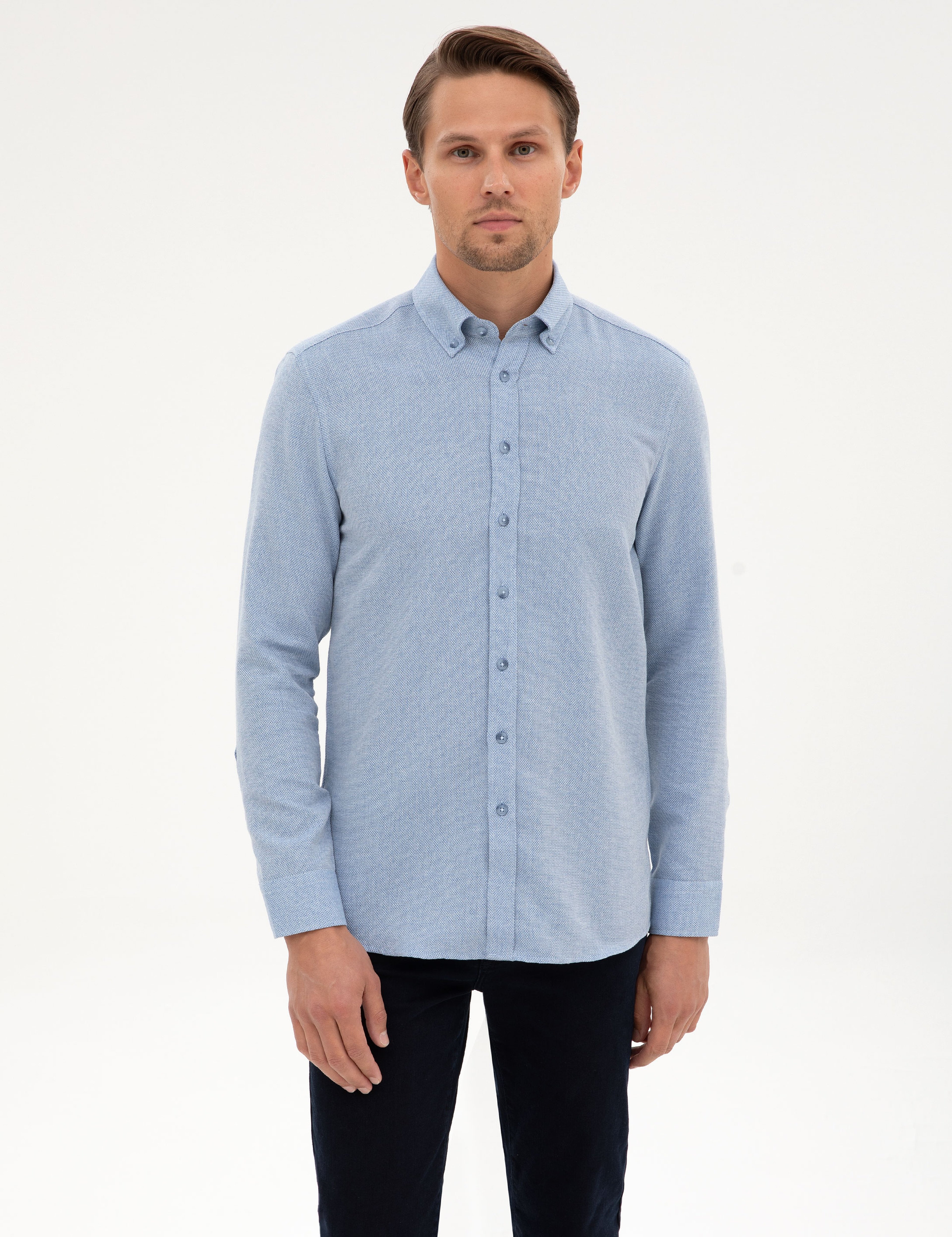 Mavi Slim Fit Dokulu Uzun Kollu Gömlek - Image 3