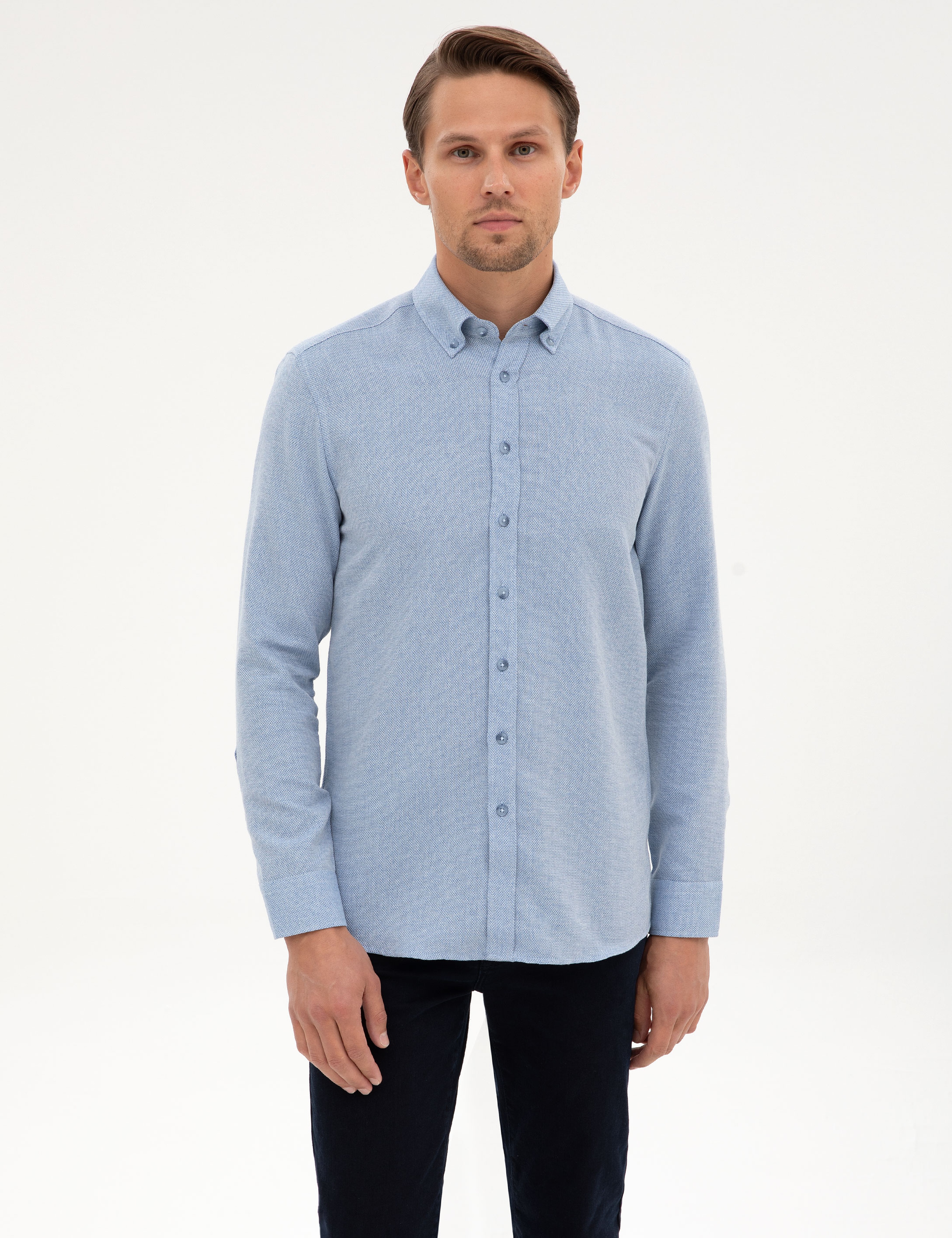 Mavi Slim Fit Dokulu Uzun Kollu Gömlek