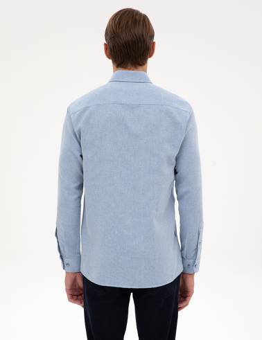 Mavi Slim Fit Dokulu Uzun Kollu Gömlek