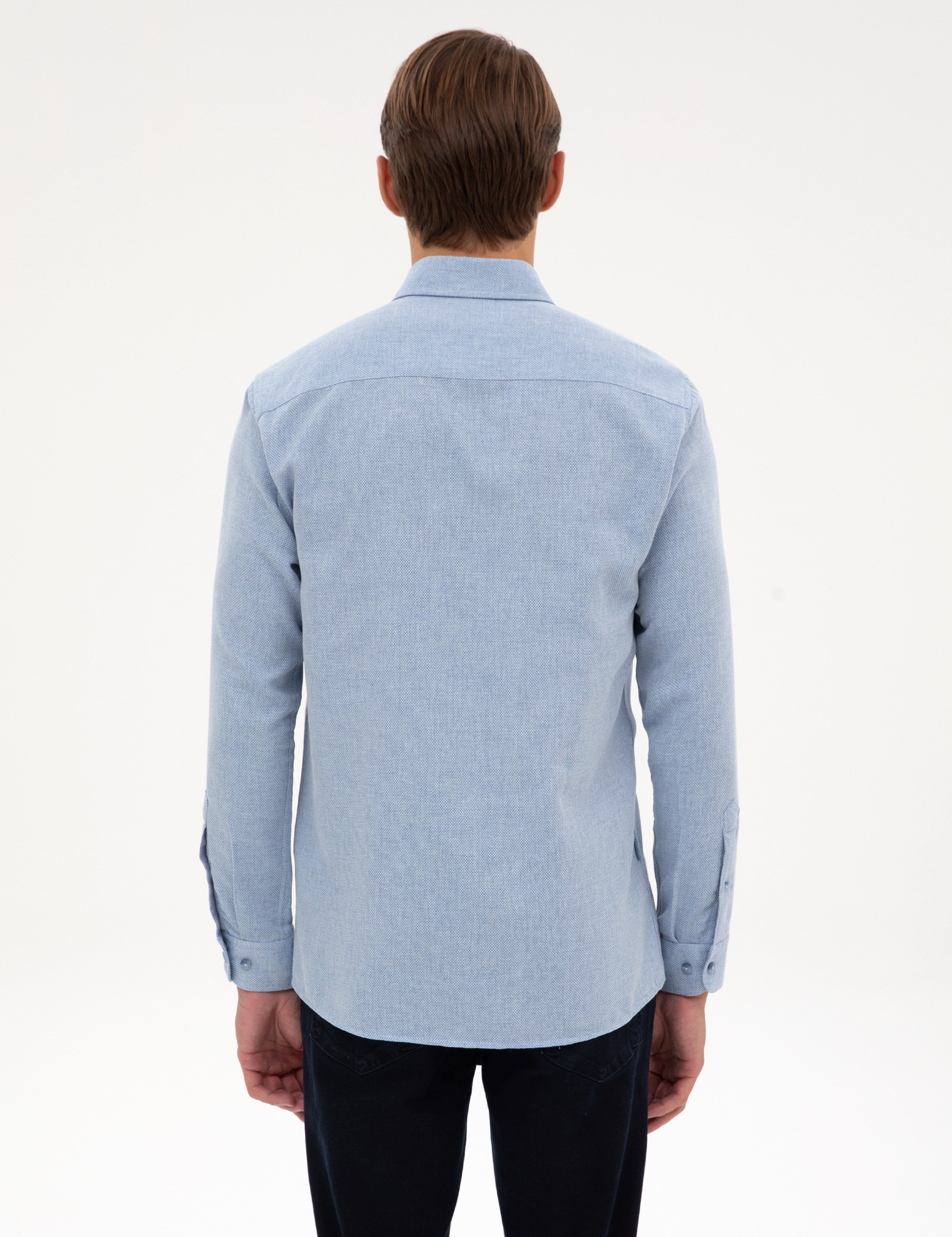 Mavi Slim Fit Dokulu Uzun Kollu Gömlek - Image 5