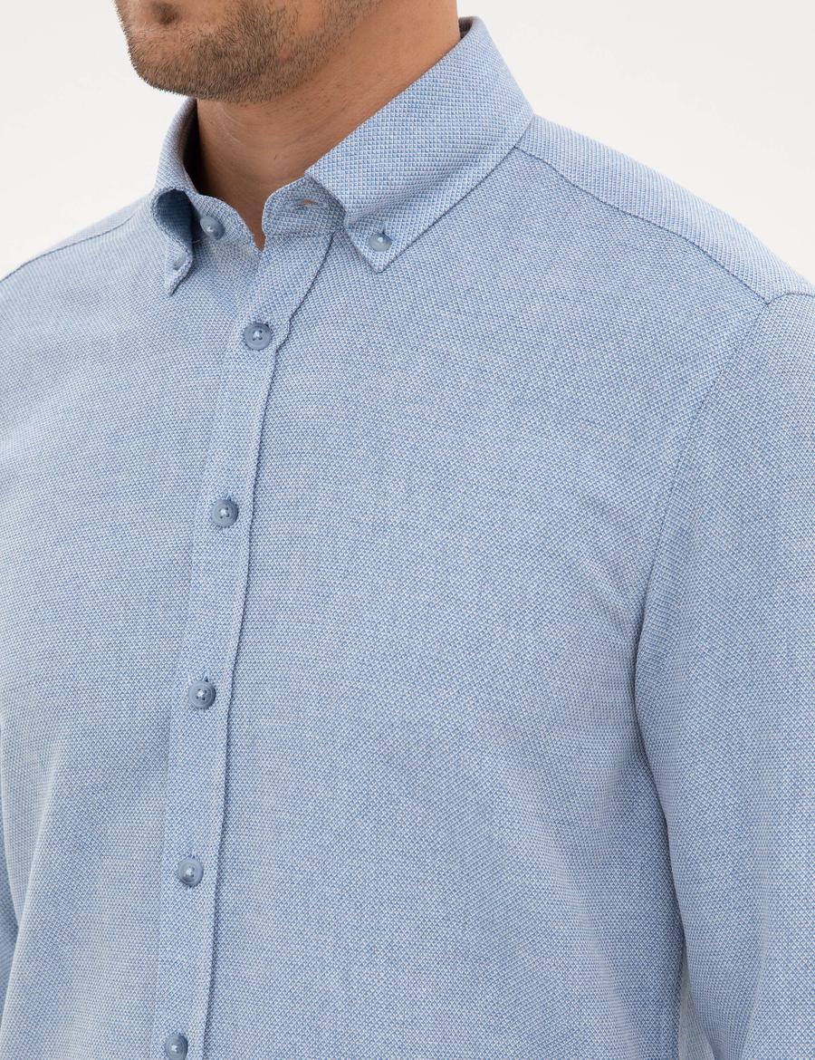 Mavi Slim Fit Dokulu Uzun Kollu Gömlek