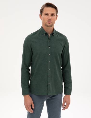 Yeşil Flanel Dokulu Slim Fit Uzun Kollu Gömlek