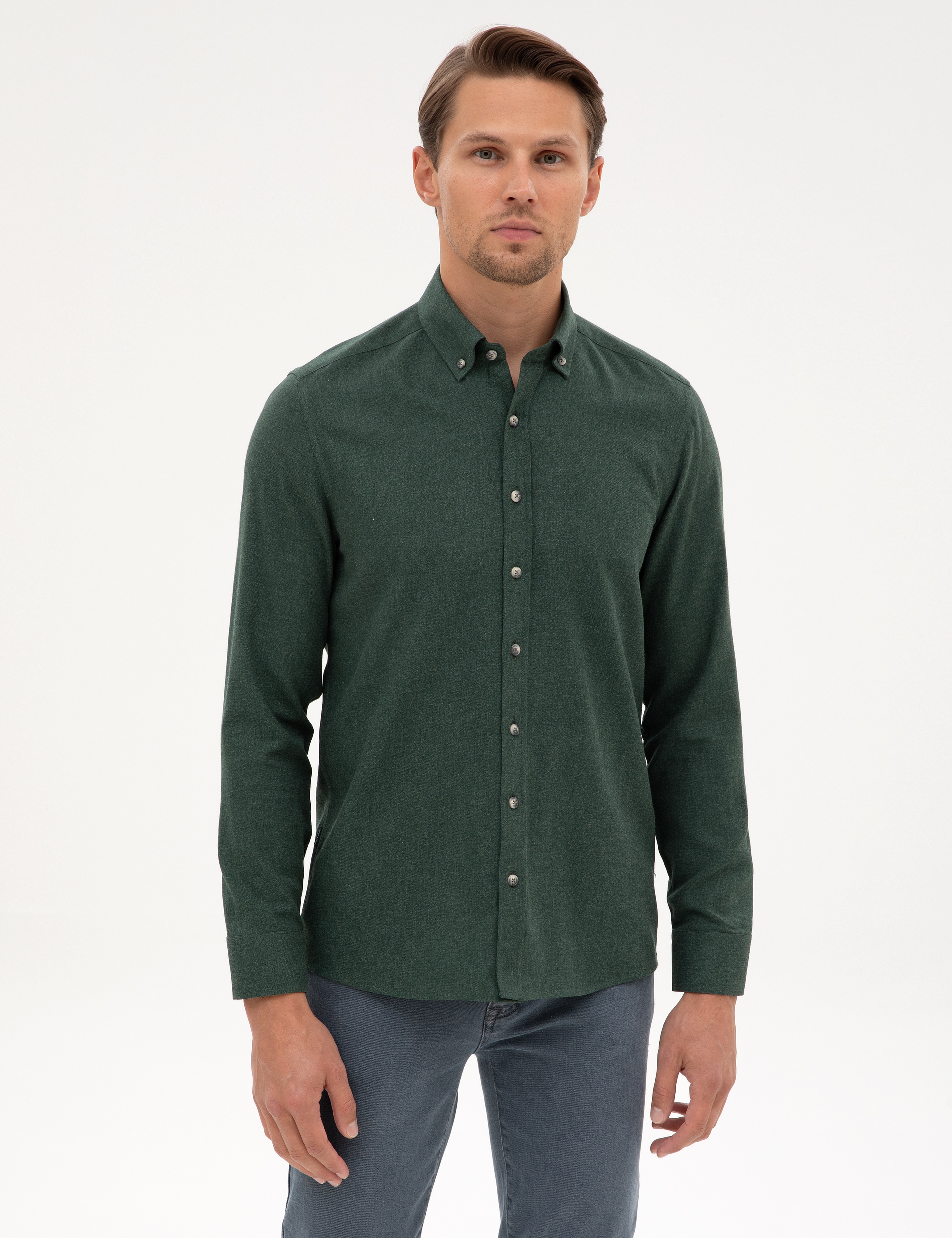 Yeşil Flanel Dokulu Slim Fit Uzun Kollu Gömlek - Image 1
