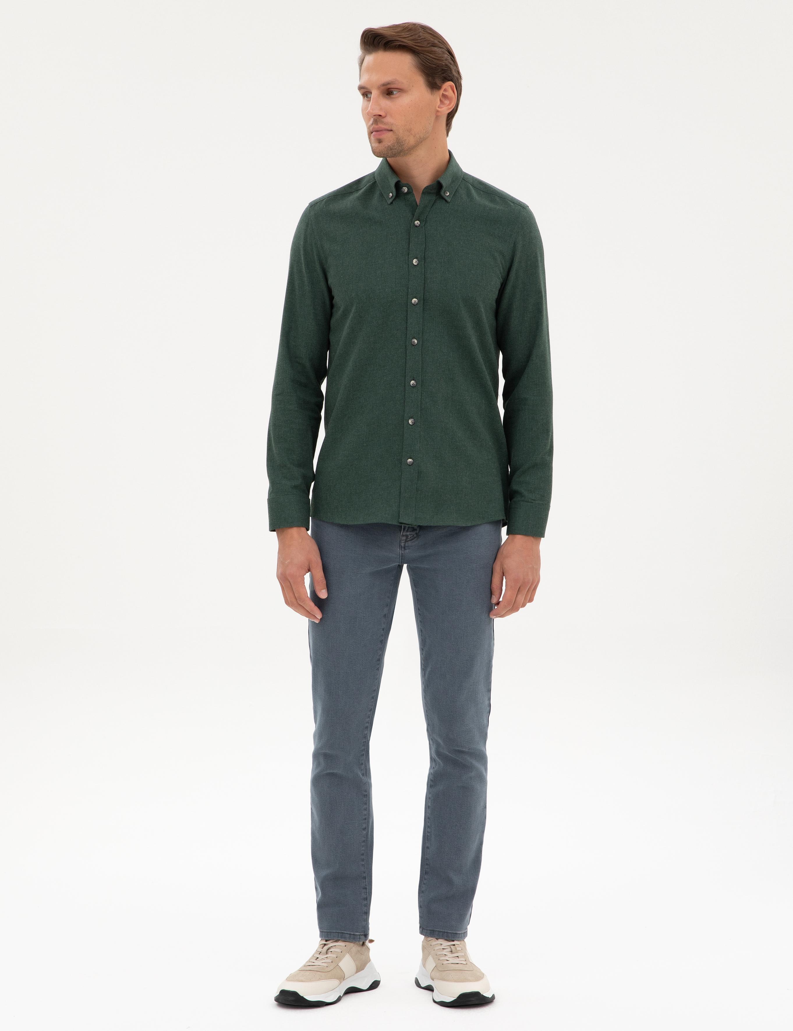 Yeşil Flanel Dokulu Slim Fit Uzun Kollu Gömlek