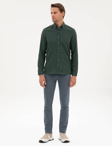 Yeşil Flanel Dokulu Slim Fit Uzun Kollu Gömlek
