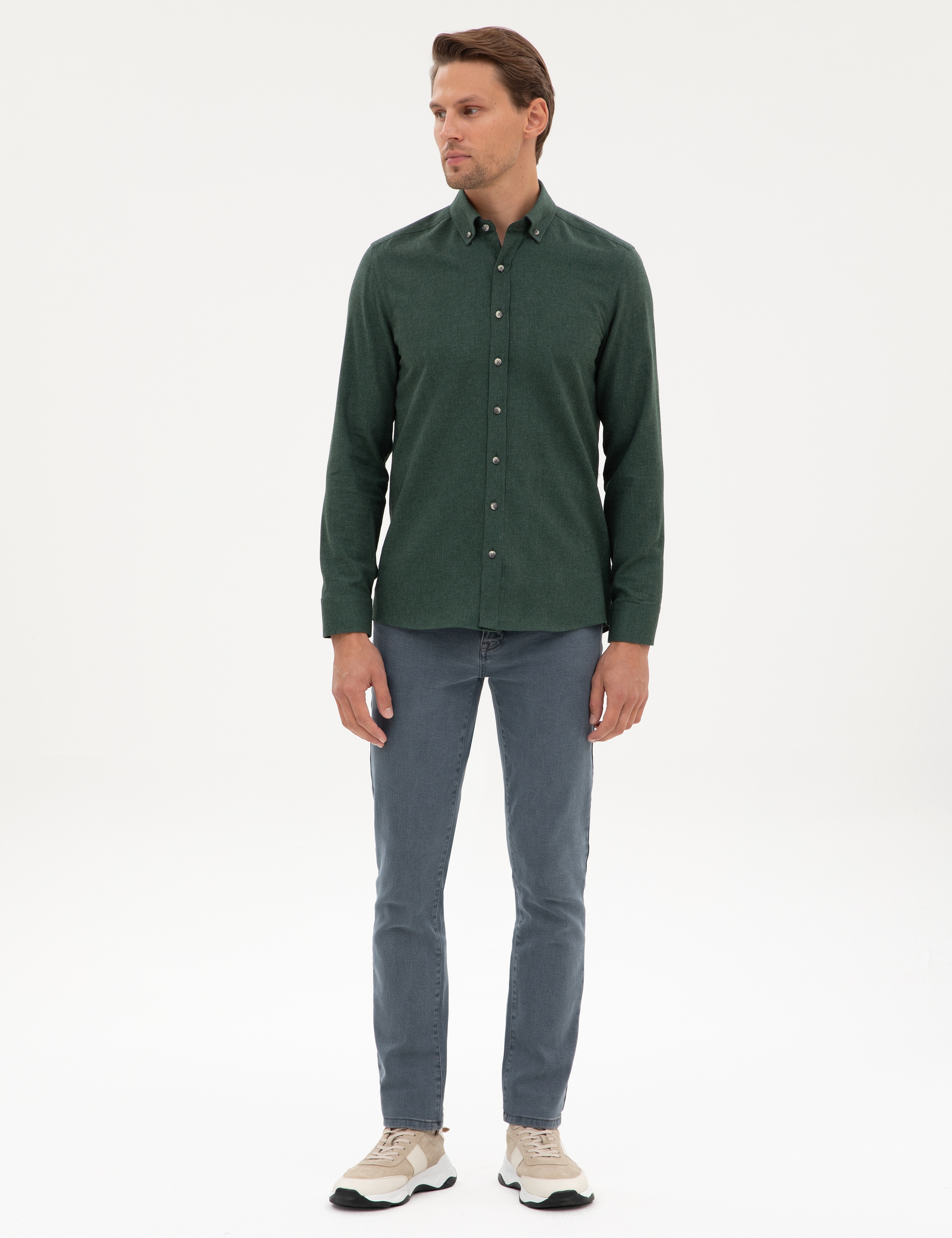 Yeşil Flanel Dokulu Slim Fit Uzun Kollu Gömlek - Image 4
