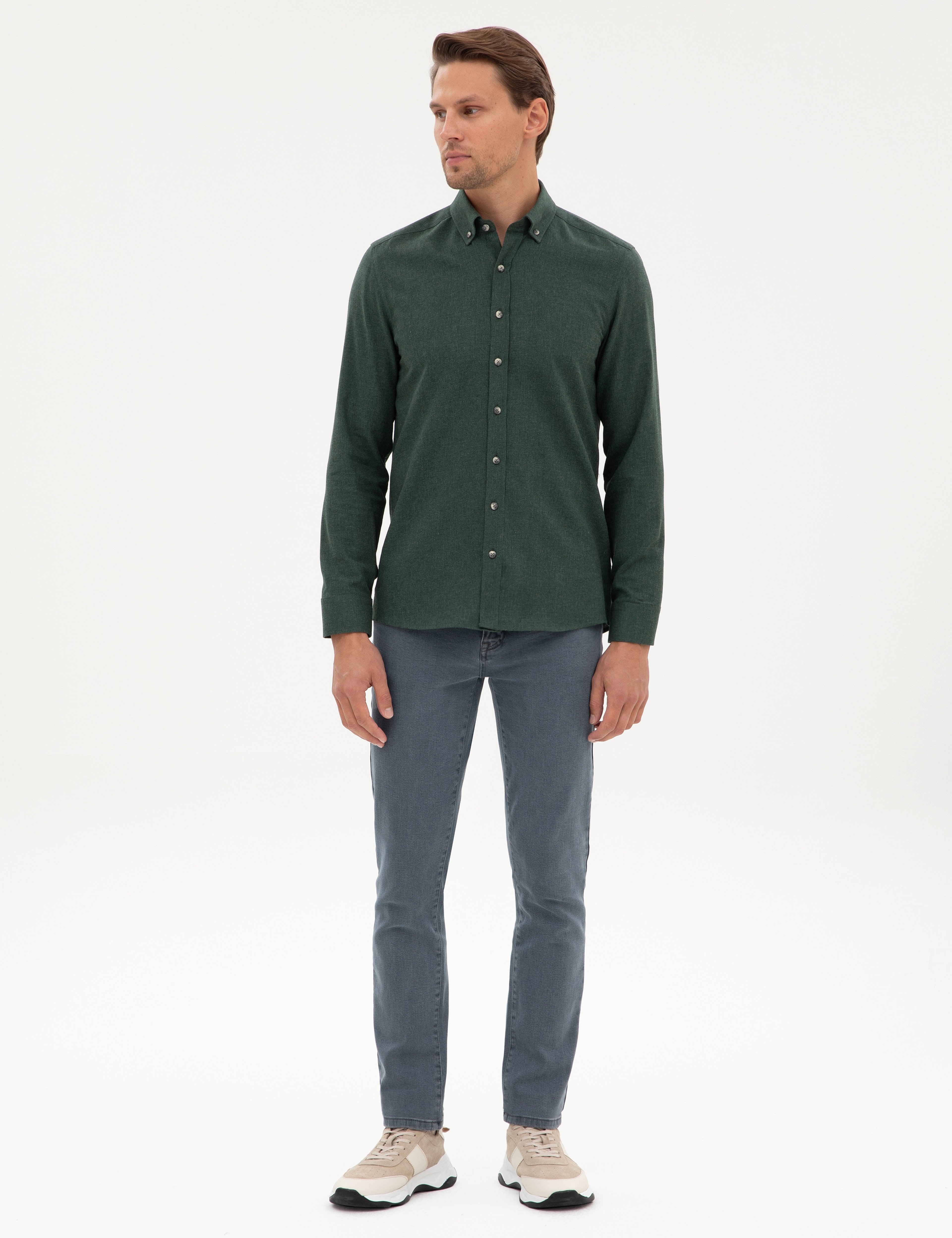 Yeşil Flanel Dokulu Slim Fit Uzun Kollu Gömlek
