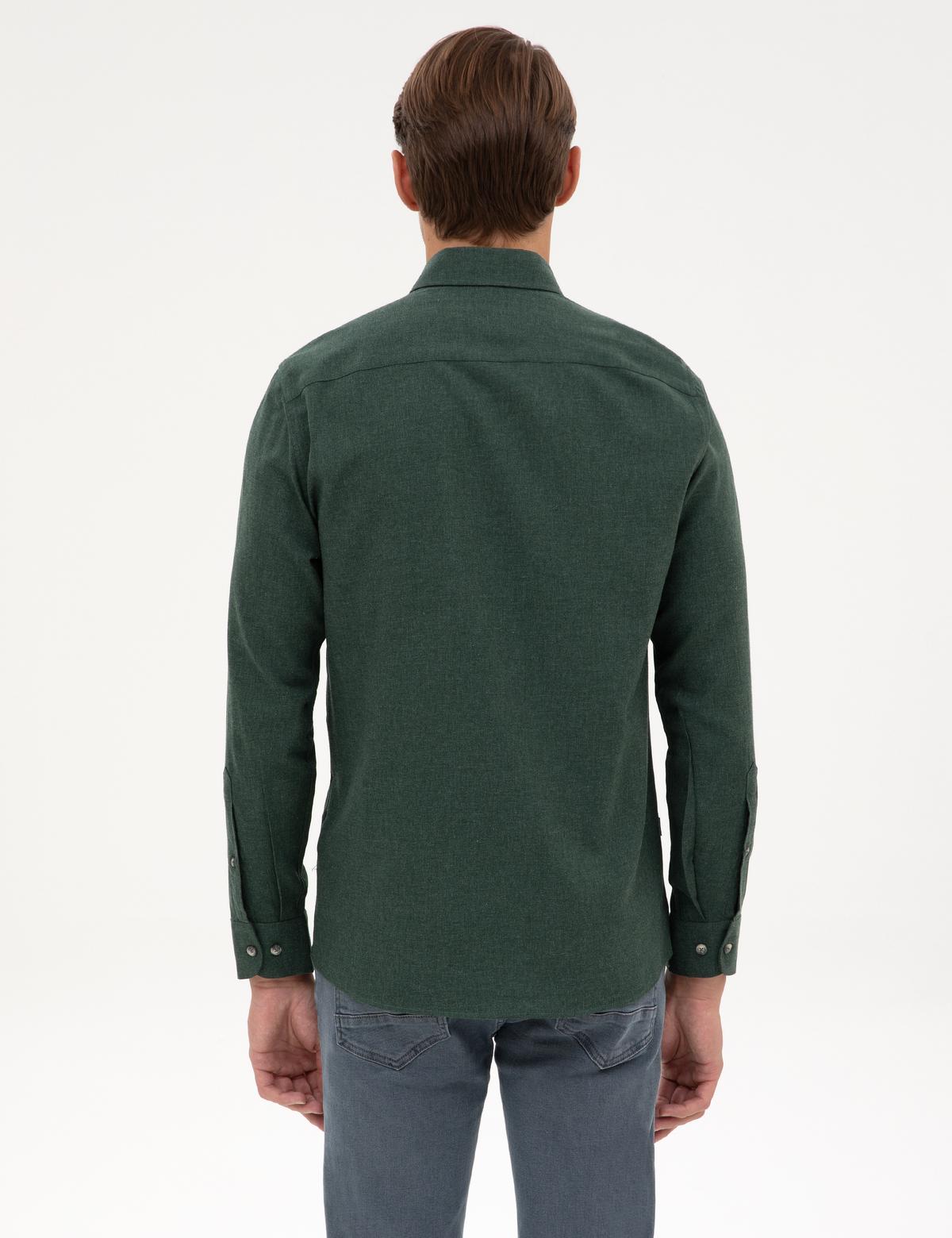 Yeşil Flanel Dokulu Slim Fit Uzun Kollu Gömlek - 50316751051