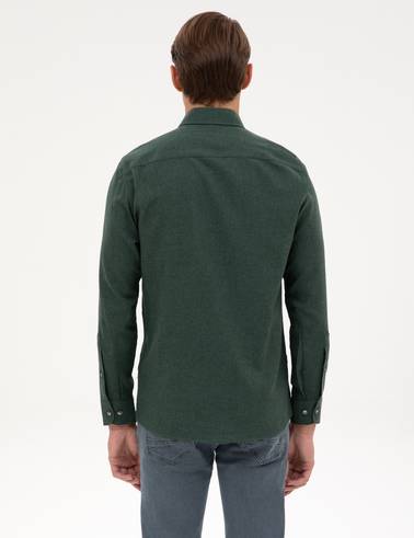 Yeşil Flanel Dokulu Slim Fit Uzun Kollu Gömlek