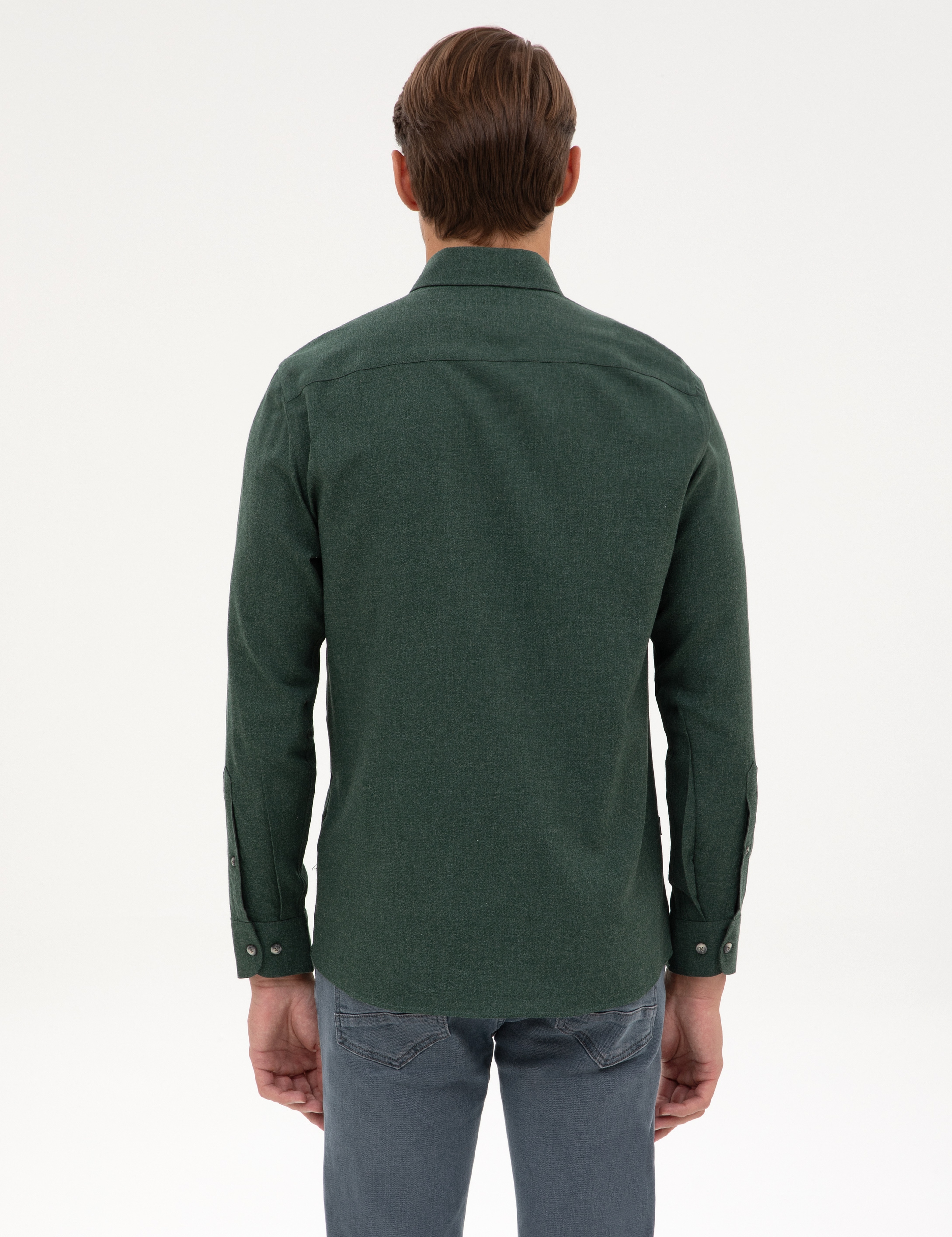 Yeşil Flanel Dokulu Slim Fit Uzun Kollu Gömlek - Image 5