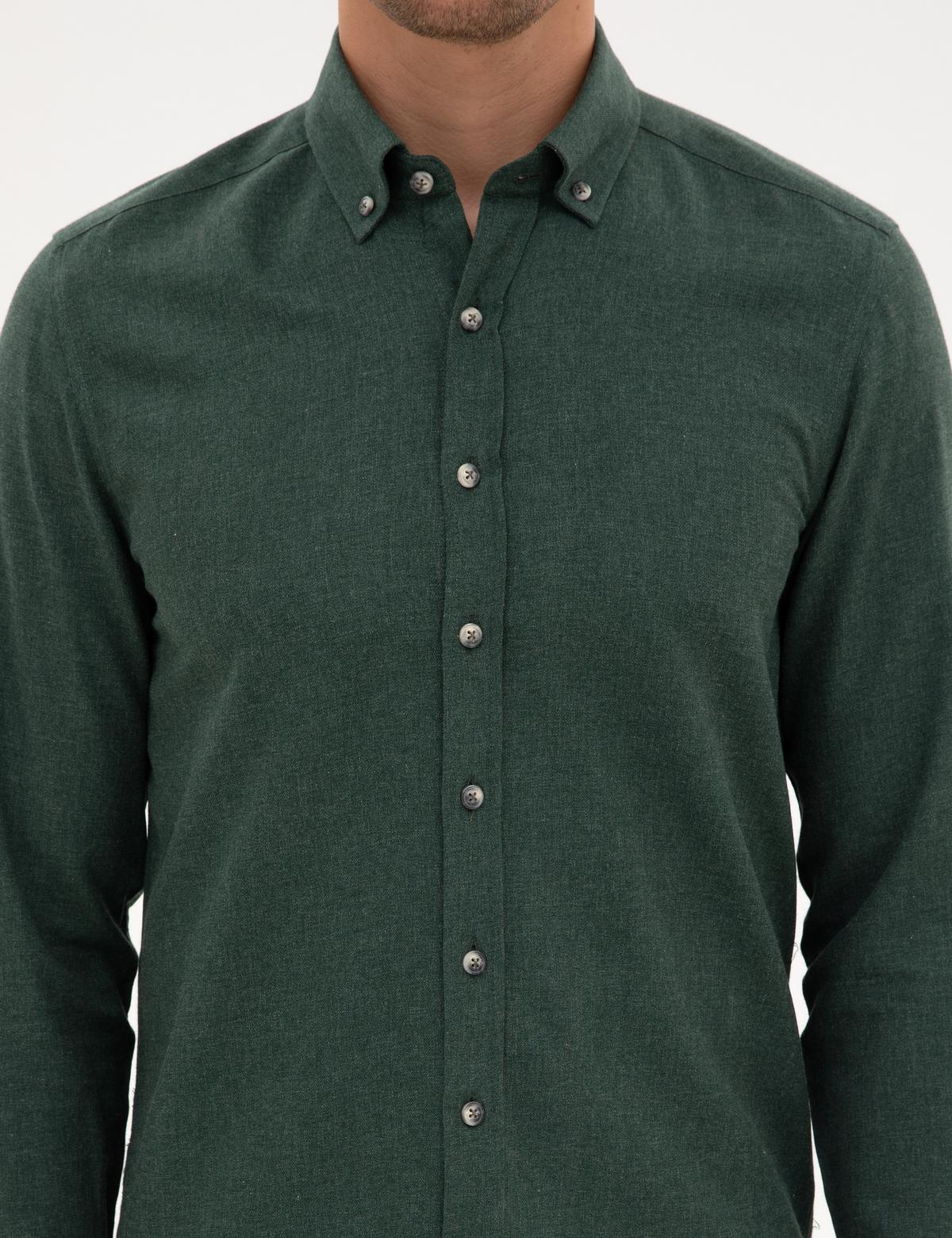 Yeşil Flanel Dokulu Slim Fit Uzun Kollu Gömlek - 50316751051