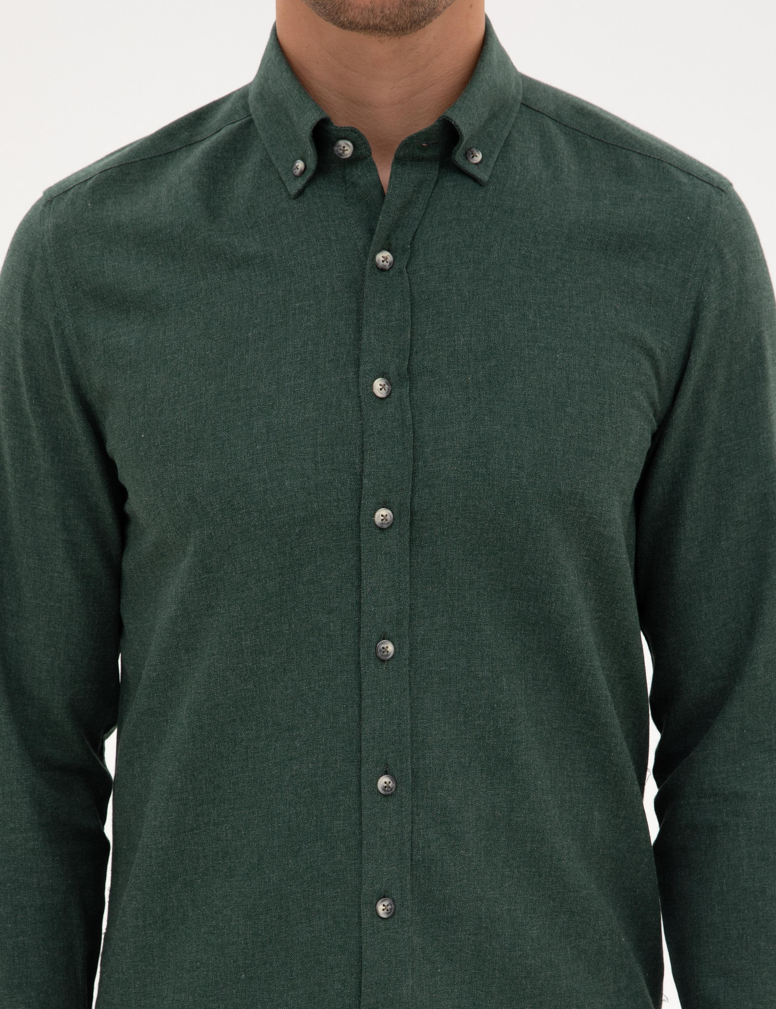 Yeşil Flanel Dokulu Slim Fit Uzun Kollu Gömlek