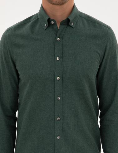 Yeşil Flanel Dokulu Slim Fit Uzun Kollu Gömlek