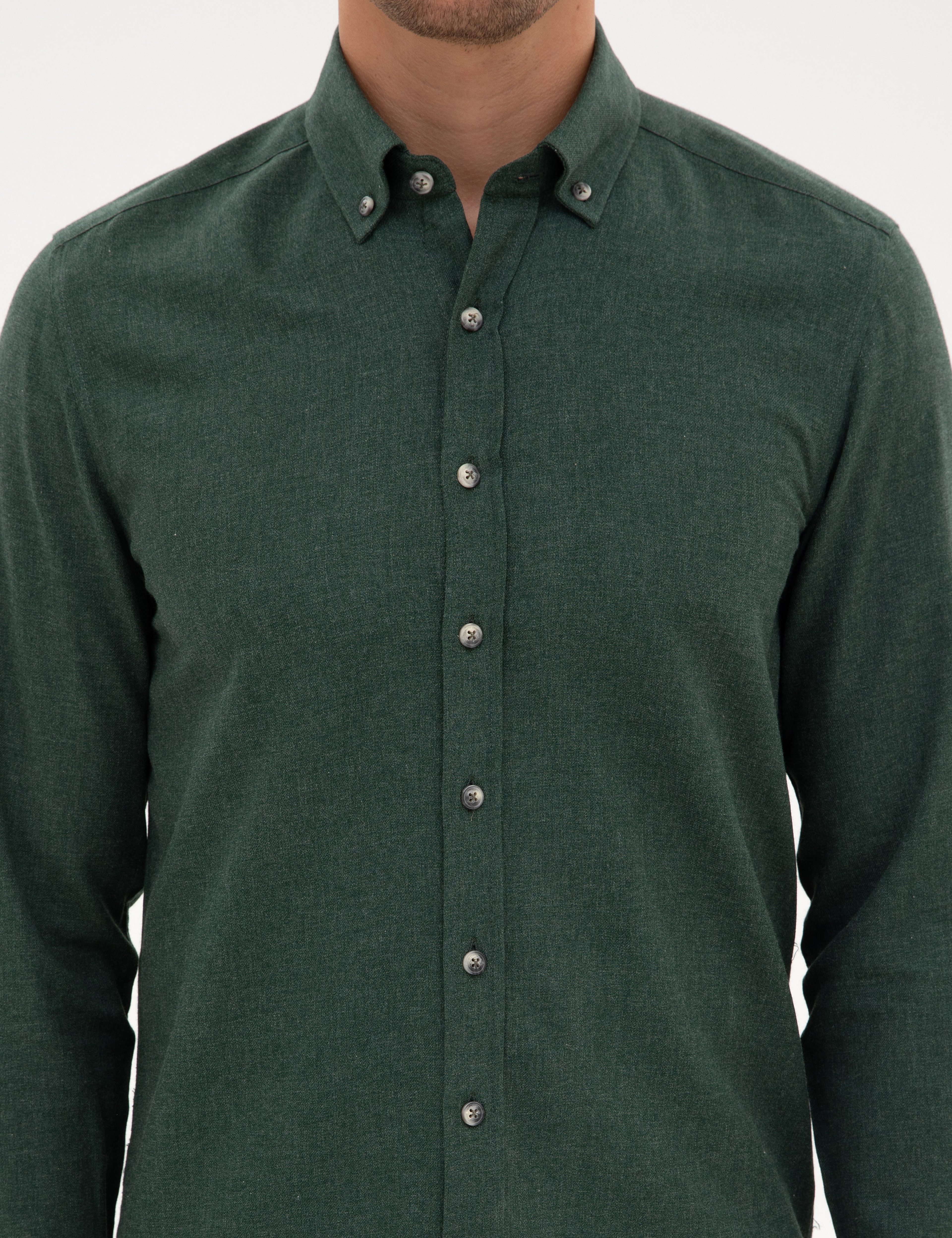 Yeşil Flanel Dokulu Slim Fit Uzun Kollu Gömlek
