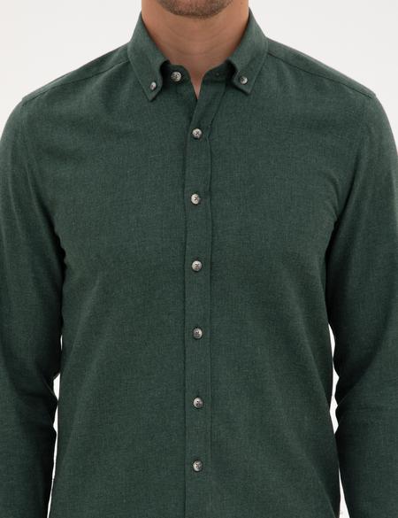 Yeşil Flanel Dokulu Slim Fit Uzun Kollu Gömlek - 50316751051