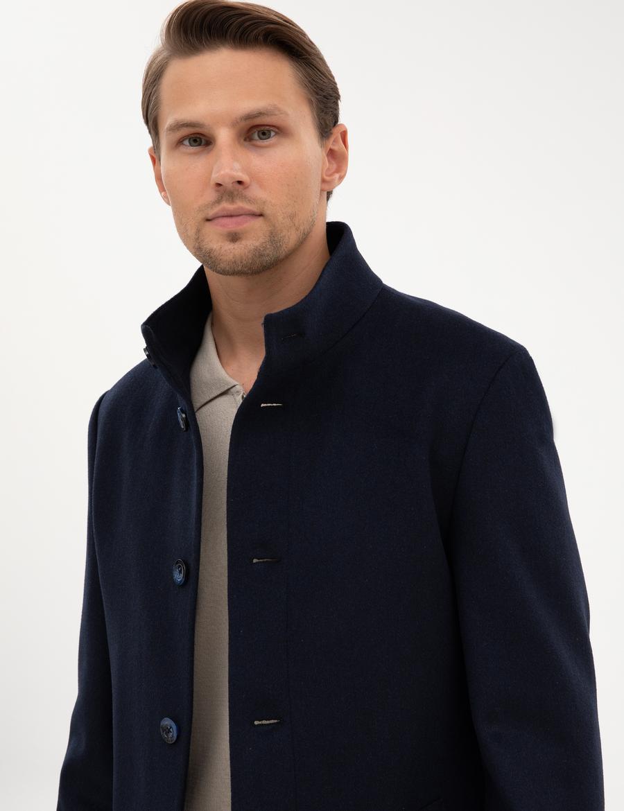 Lacivert Slim Fit Yün Karışımlı Palto