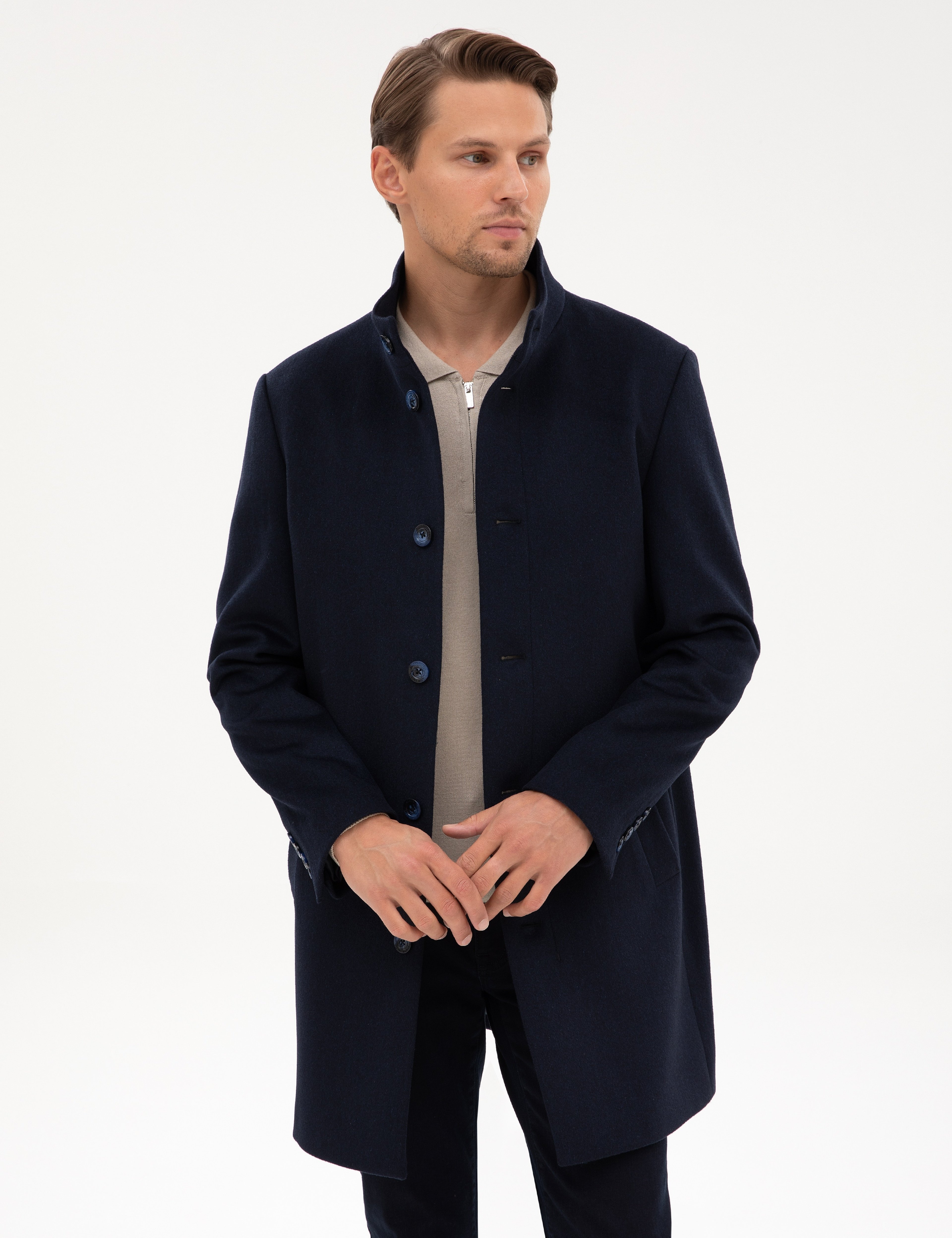 Lacivert Slim Fit Yün Karışımlı Palto