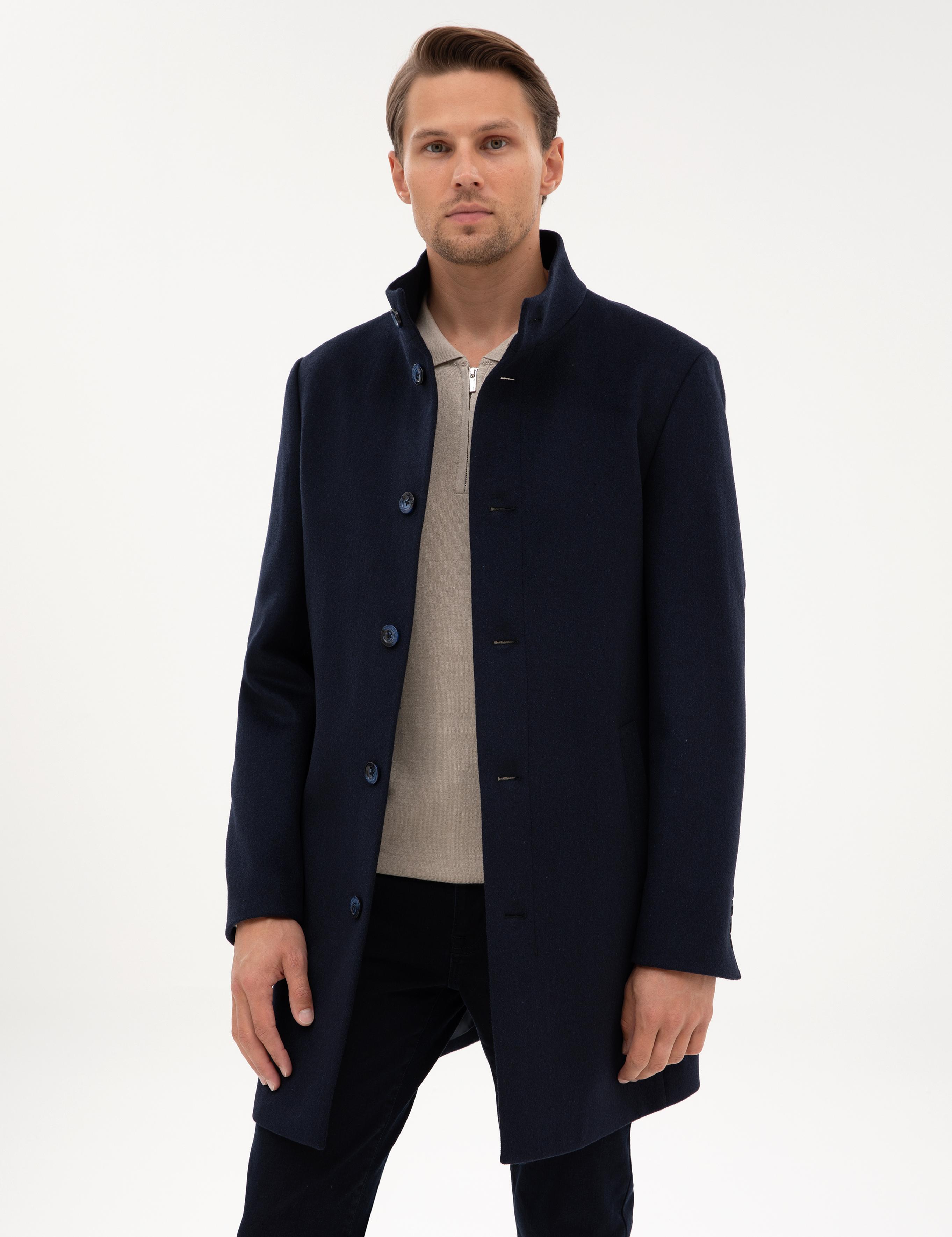 Lacivert Slim Fit Yün Karışımlı Palto