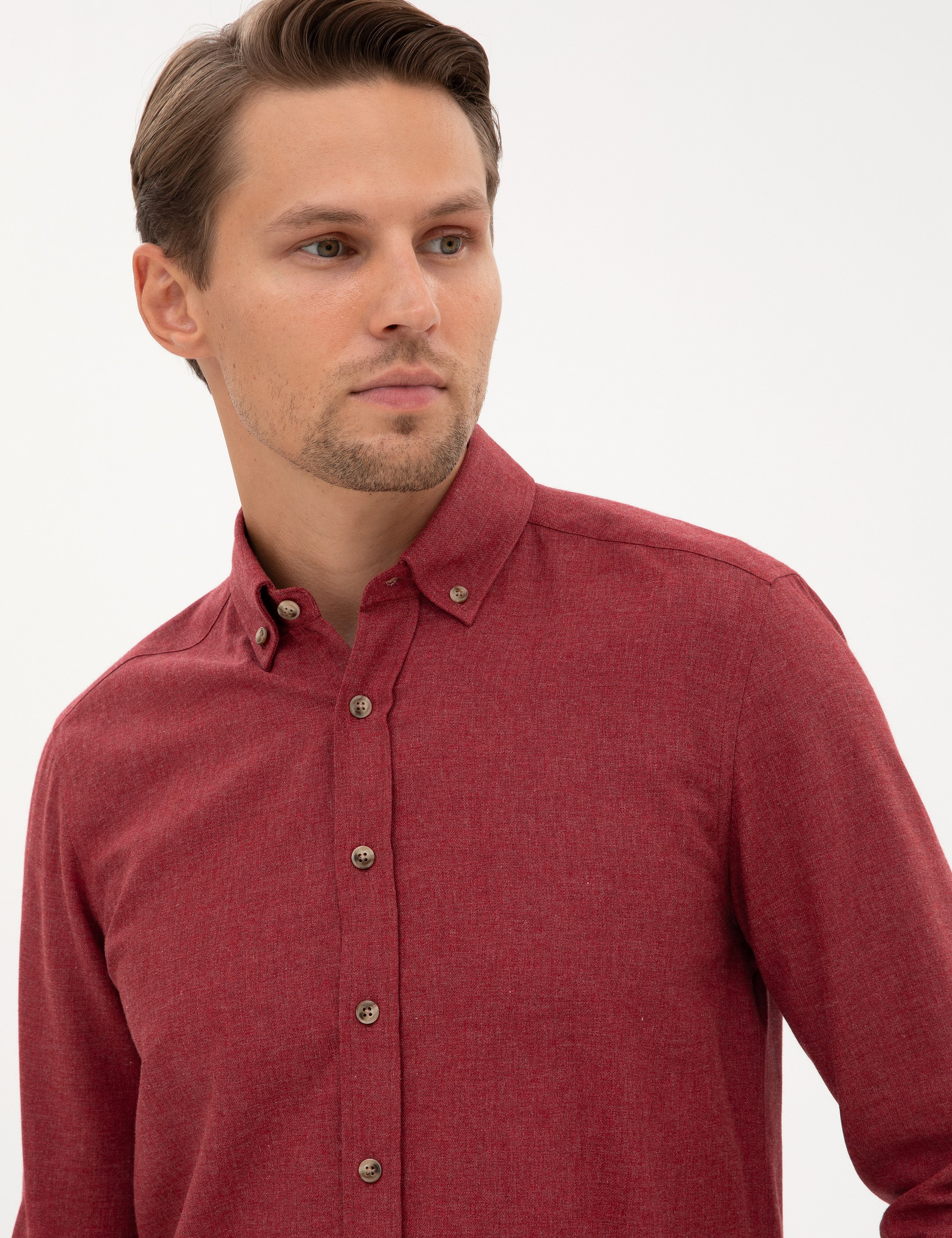 Bordo Flanel Dokulu Slim Fit Uzun Kollu Gömlek