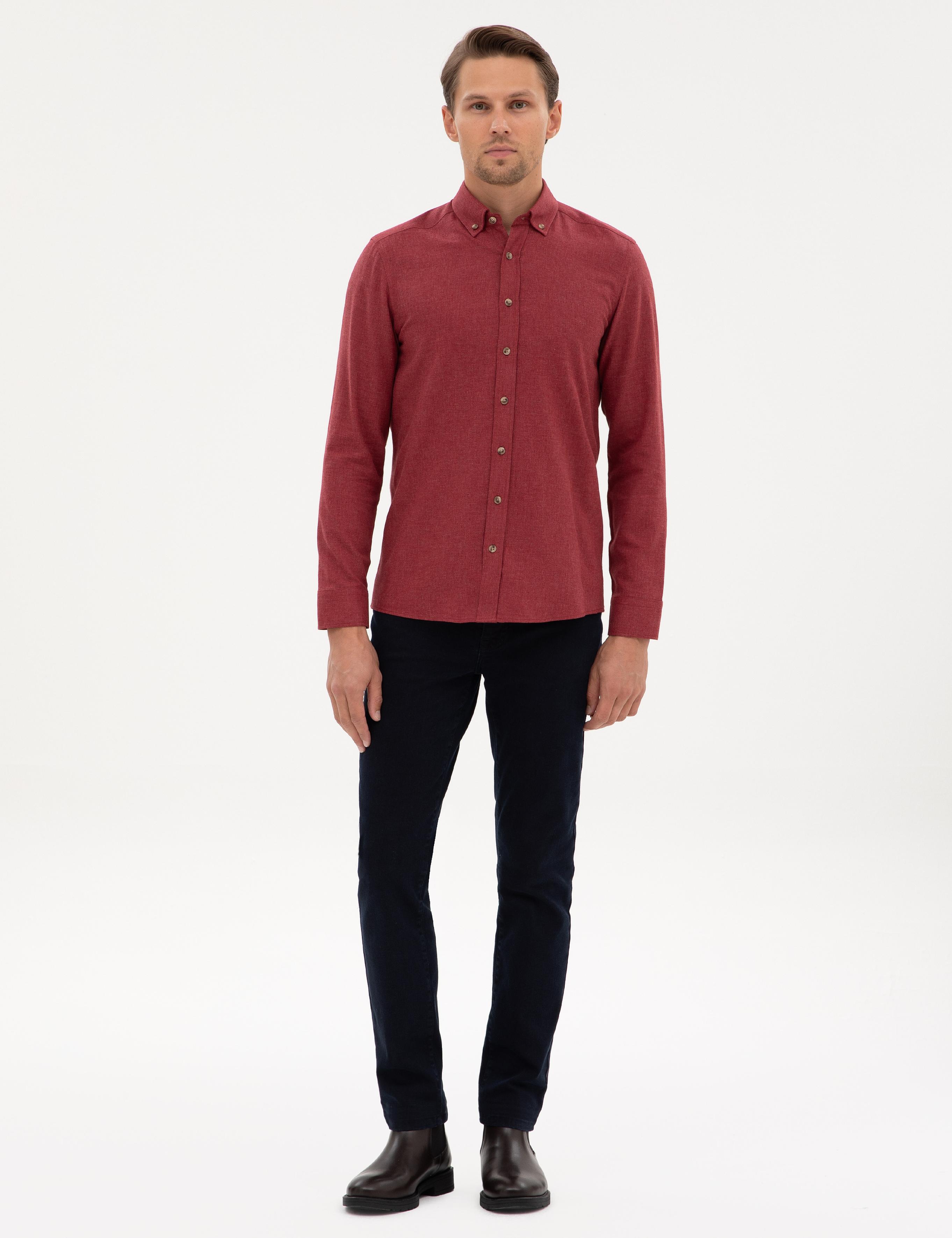Bordo Flanel Dokulu Slim Fit Uzun Kollu Gömlek