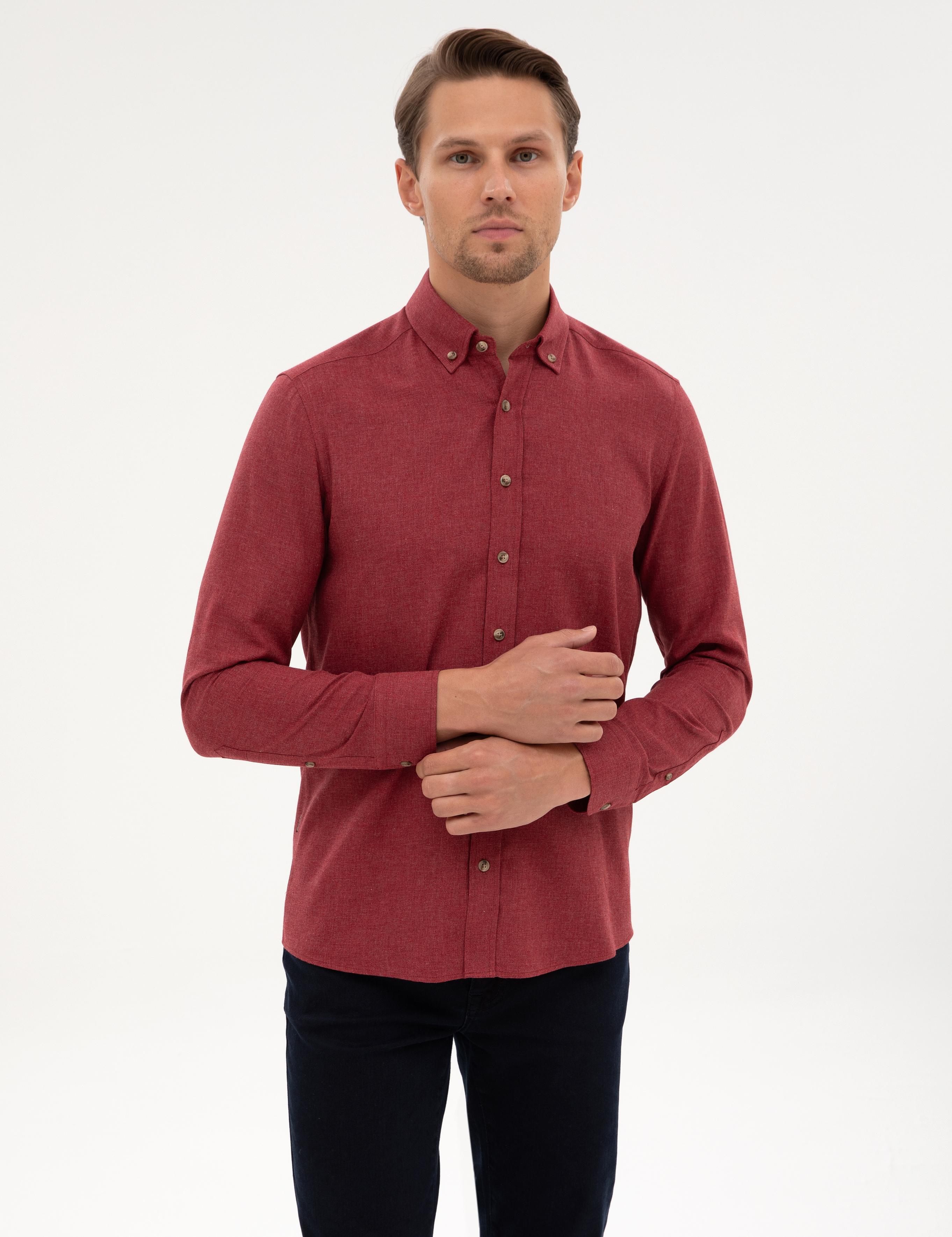 Bordo Flanel Dokulu Slim Fit Uzun Kollu Gömlek