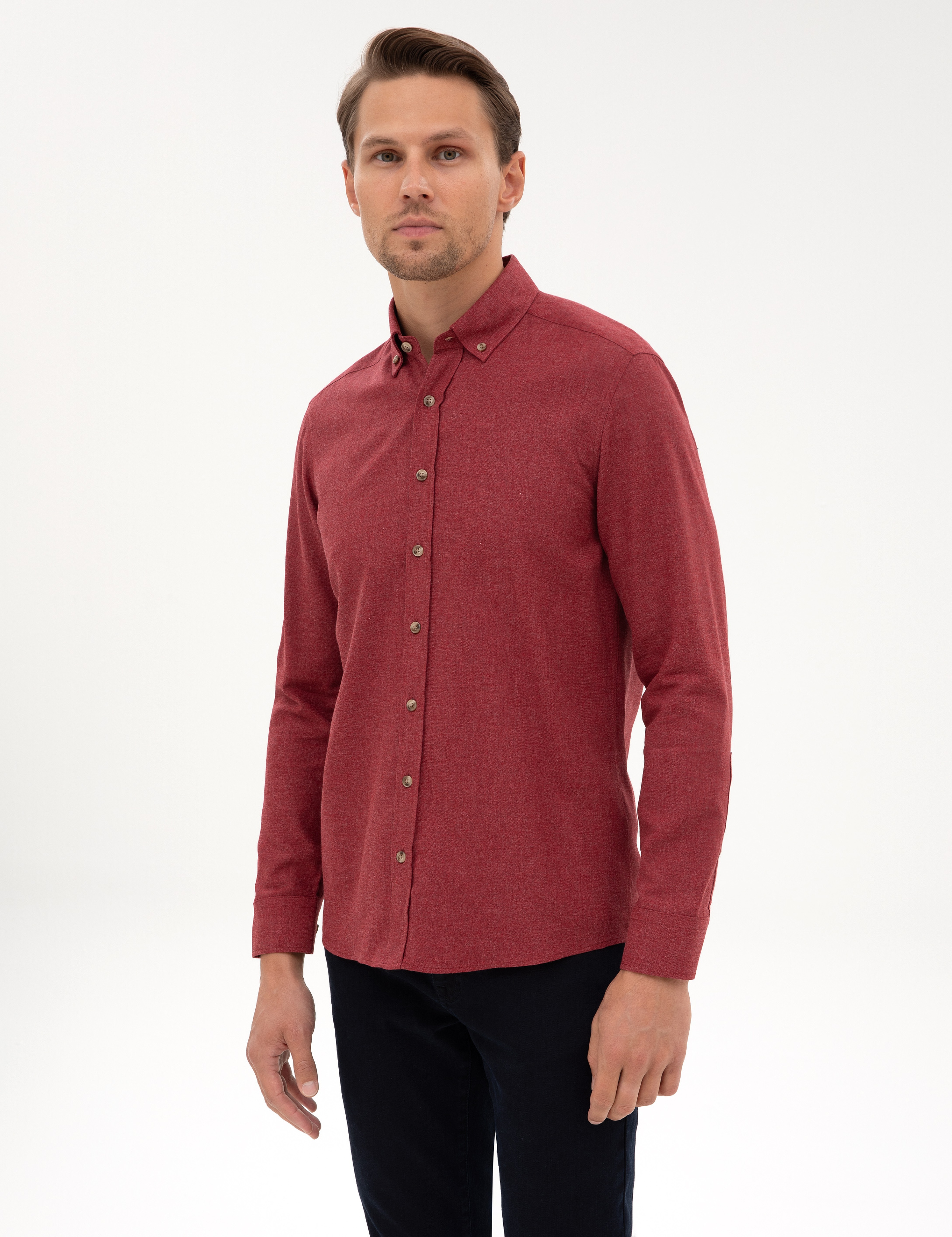 Bordo Flanel Dokulu Slim Fit Uzun Kollu Gömlek - Image 3
