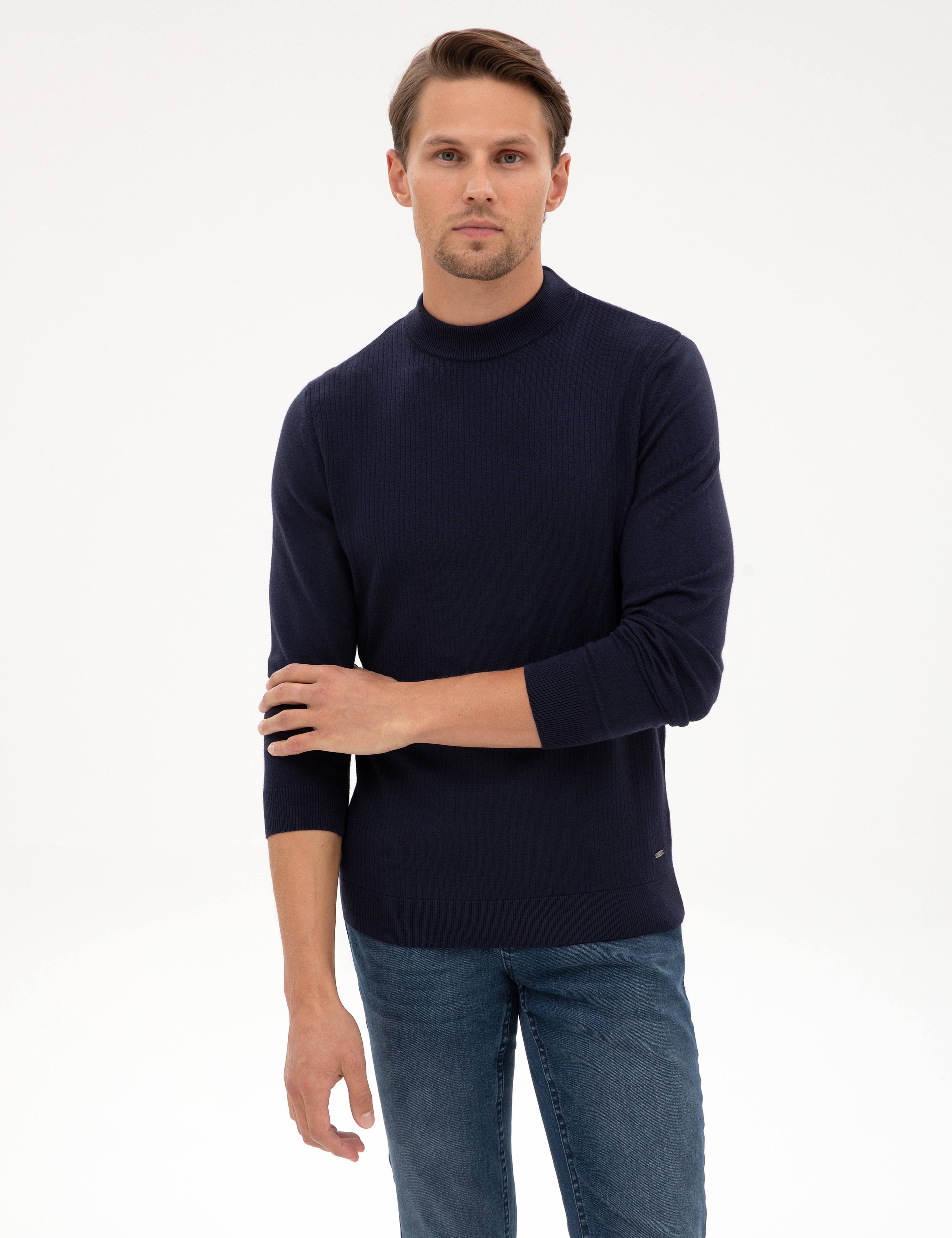 Lacivert Slim Fit Çeyrek Yaka Triko Kazak