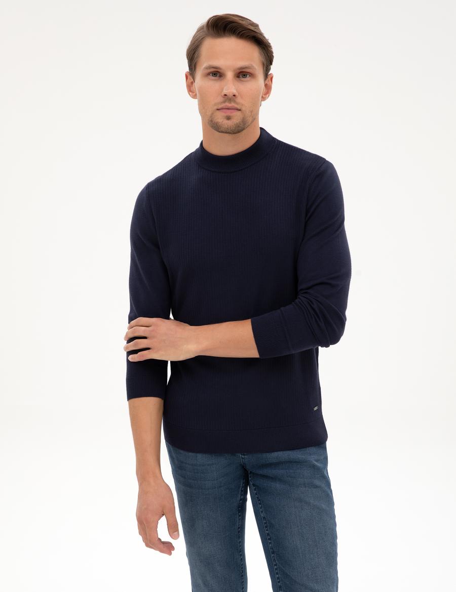 Lacivert Slim Fit Çeyrek Yaka Triko Kazak