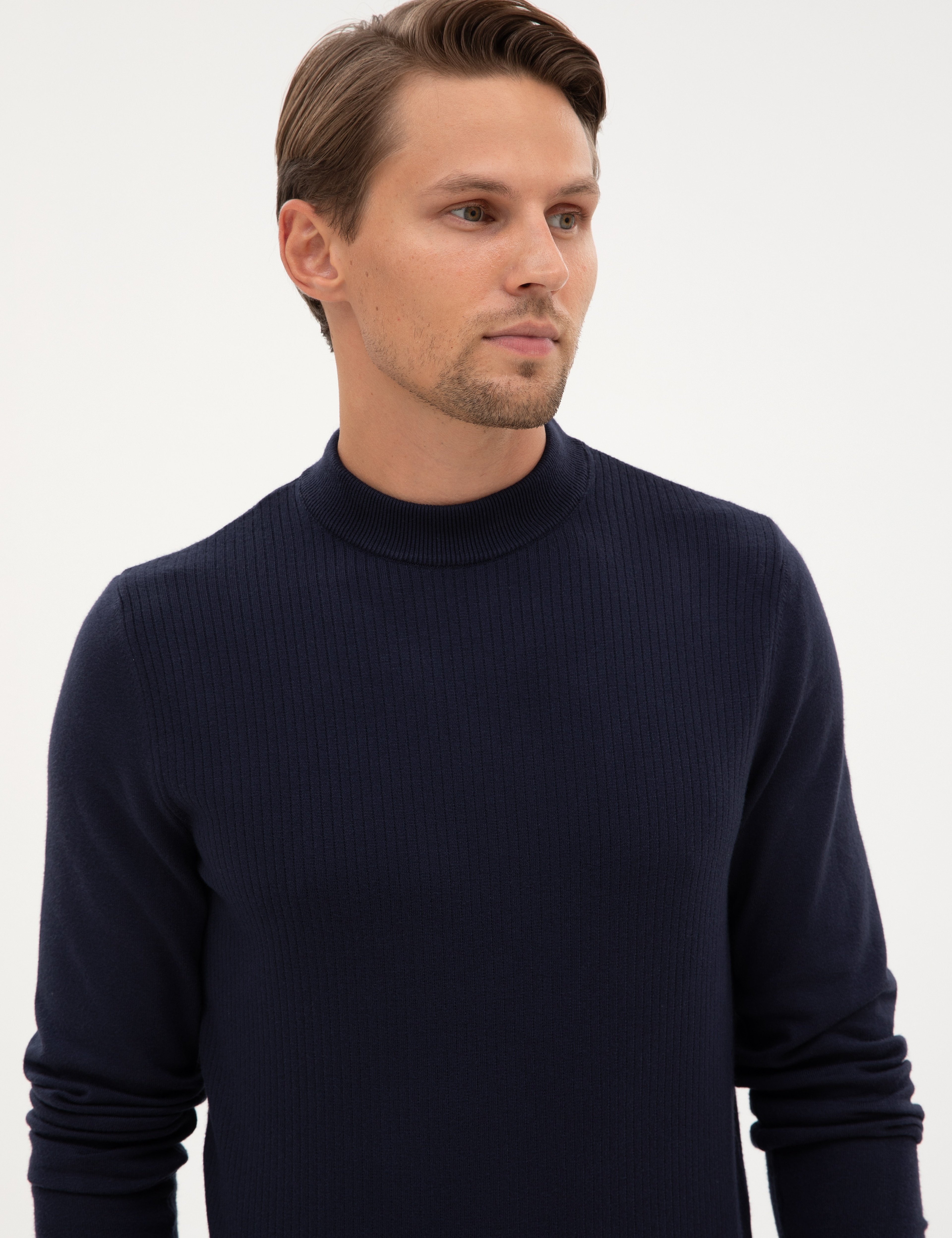 Lacivert Slim Fit Çeyrek Yaka Triko Kazak - Image 2