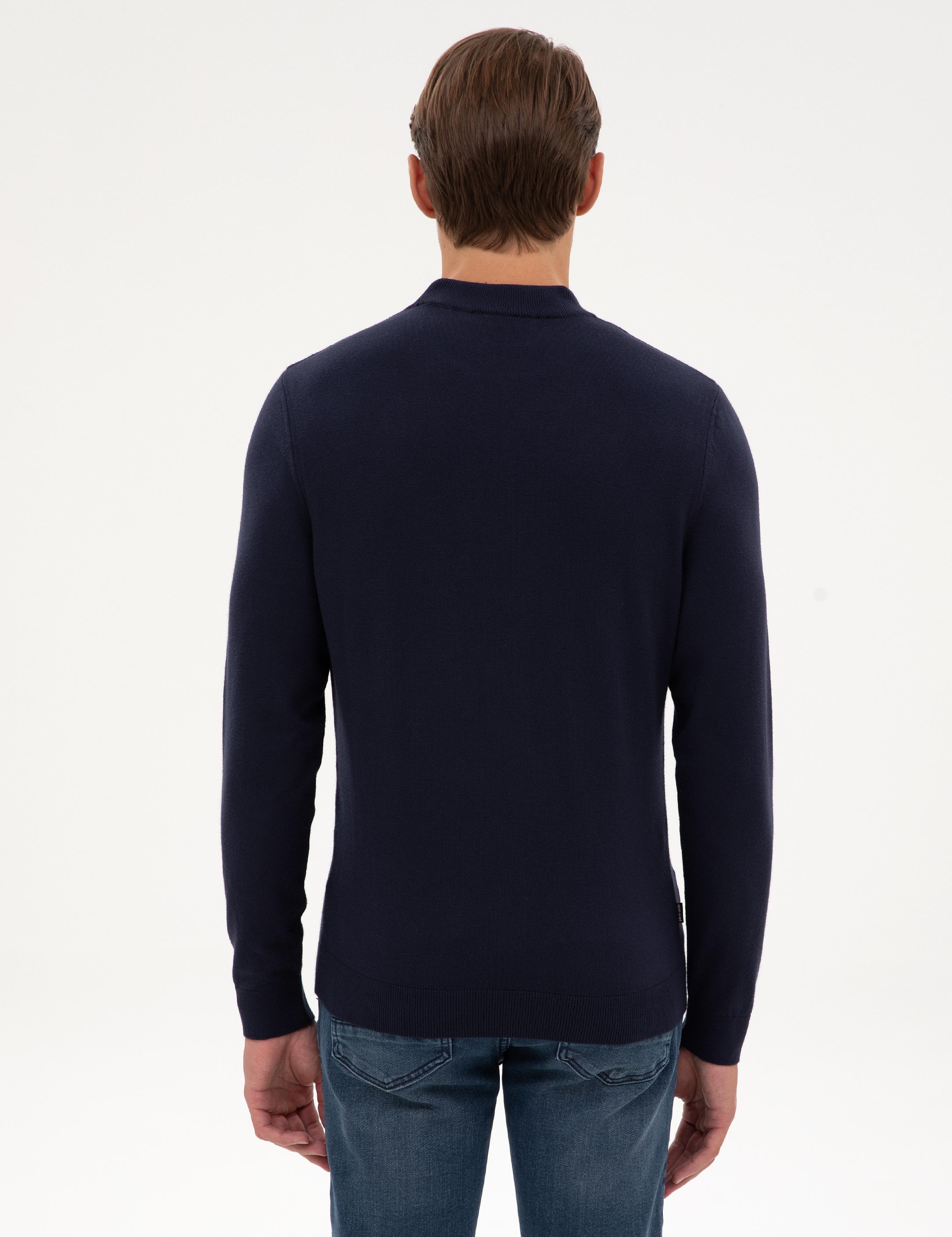 Lacivert Slim Fit Çeyrek Yaka Triko Kazak