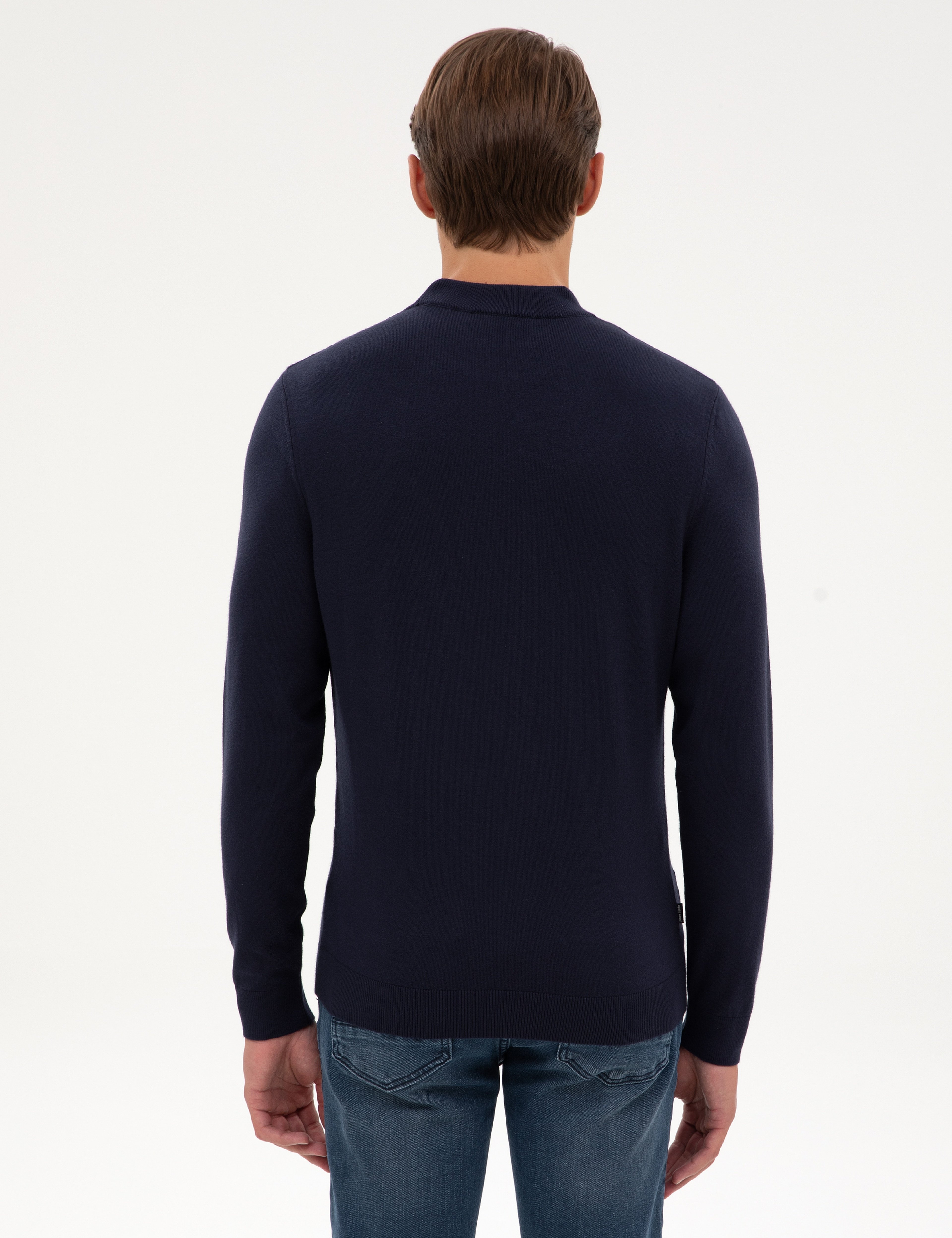 Lacivert Slim Fit Çeyrek Yaka Triko Kazak - Image 5