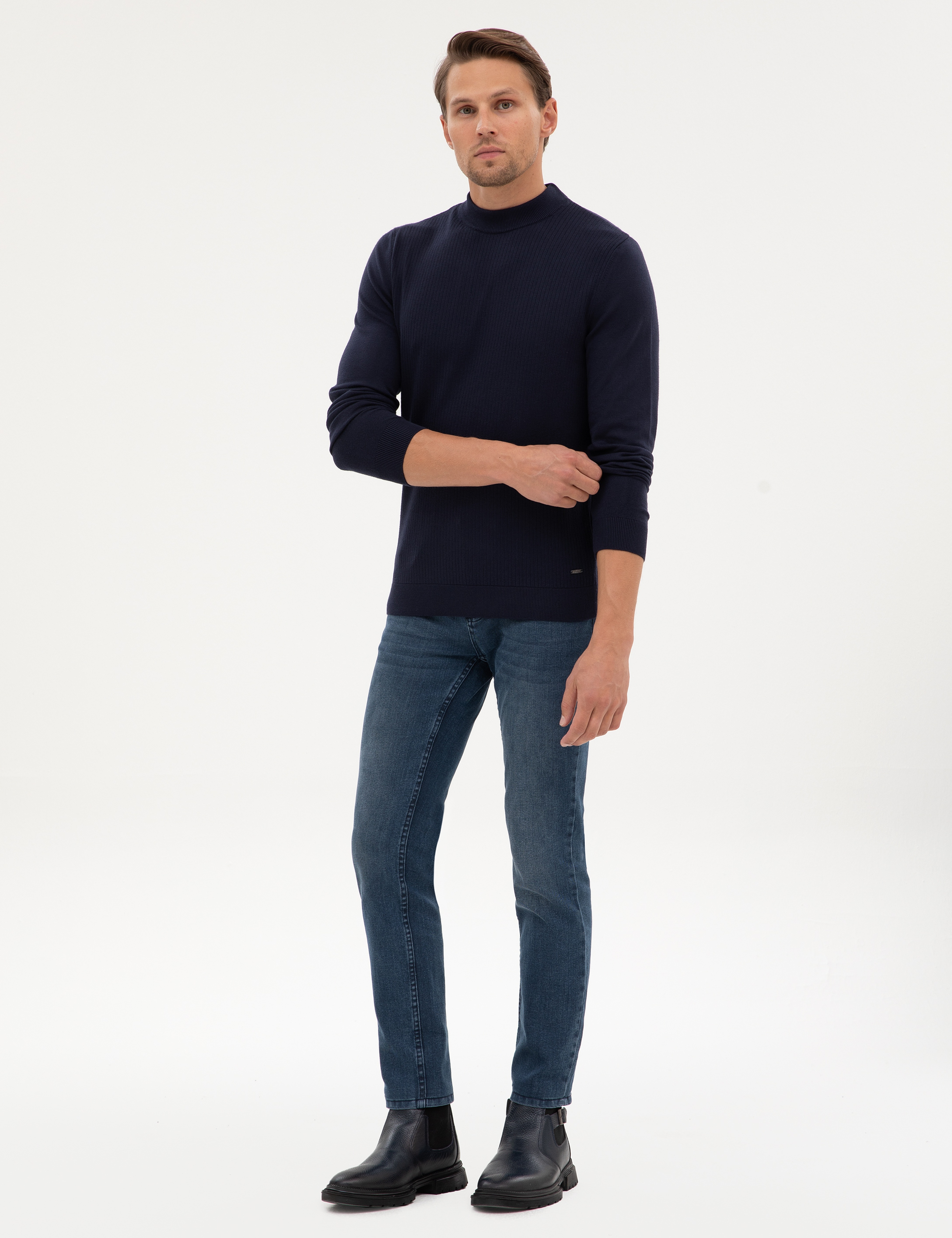 Lacivert Slim Fit Çeyrek Yaka Triko Kazak - Image 4