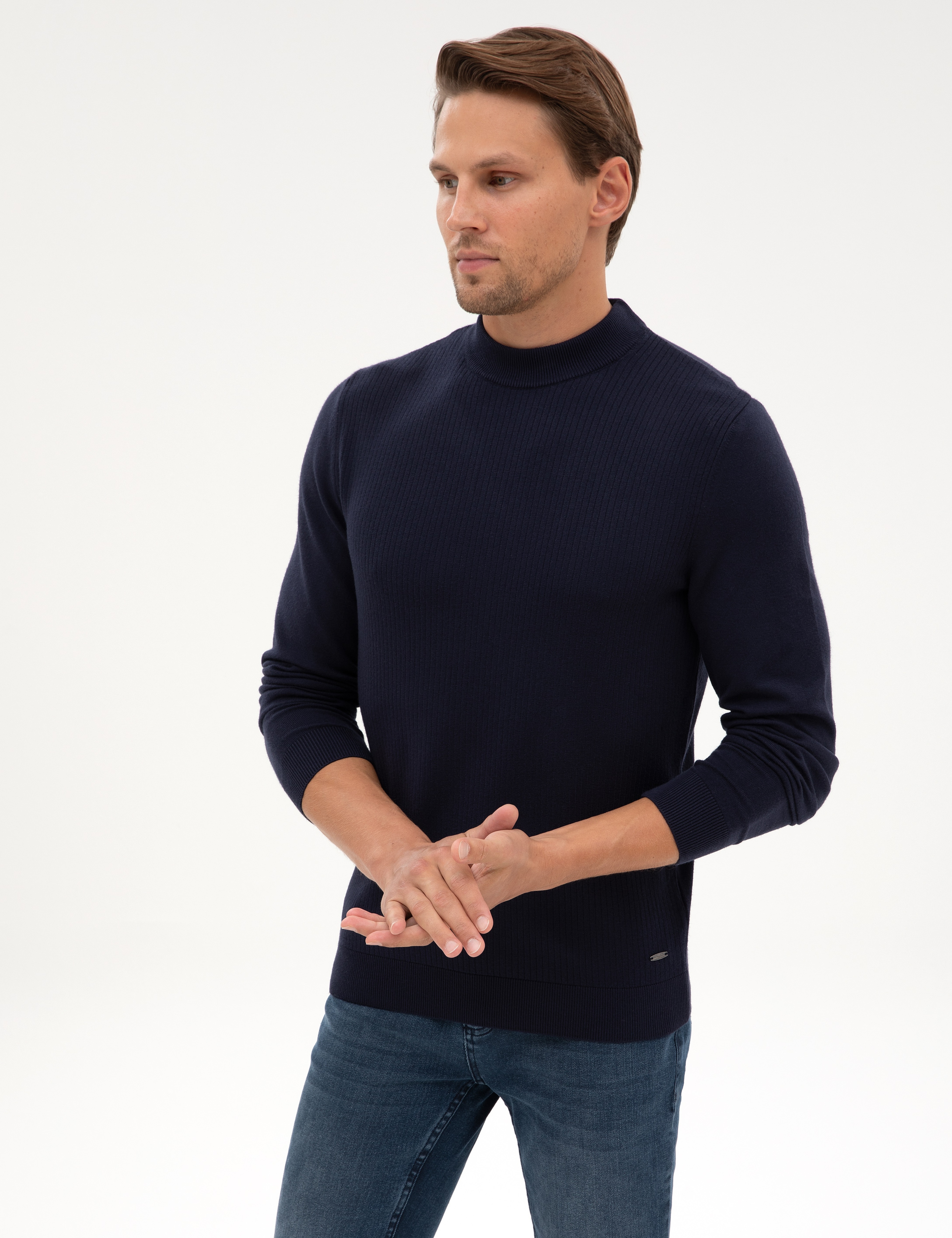Lacivert Slim Fit Çeyrek Yaka Triko Kazak - Image 3
