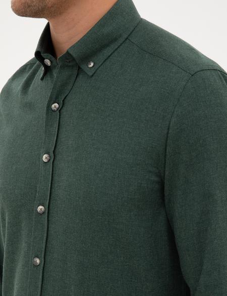 Yeşil Flanel Dokulu Slim Fit Uzun Kollu Gömlek - 50316751051