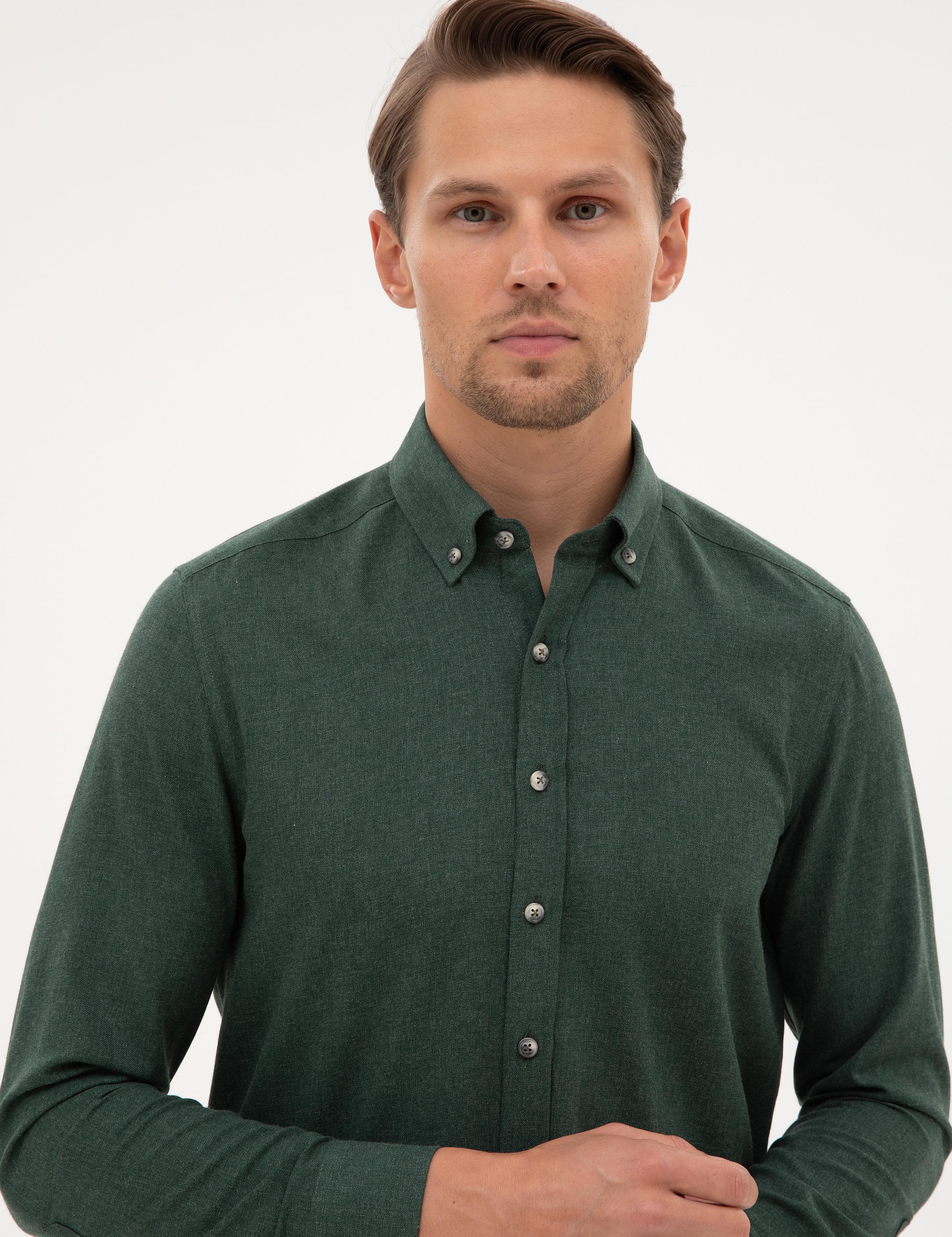 Yeşil Flanel Dokulu Slim Fit Uzun Kollu Gömlek