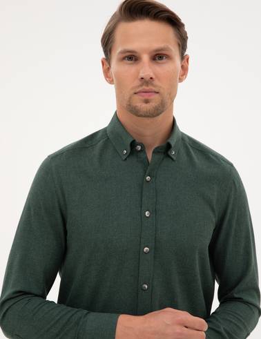 Yeşil Flanel Dokulu Slim Fit Uzun Kollu Gömlek