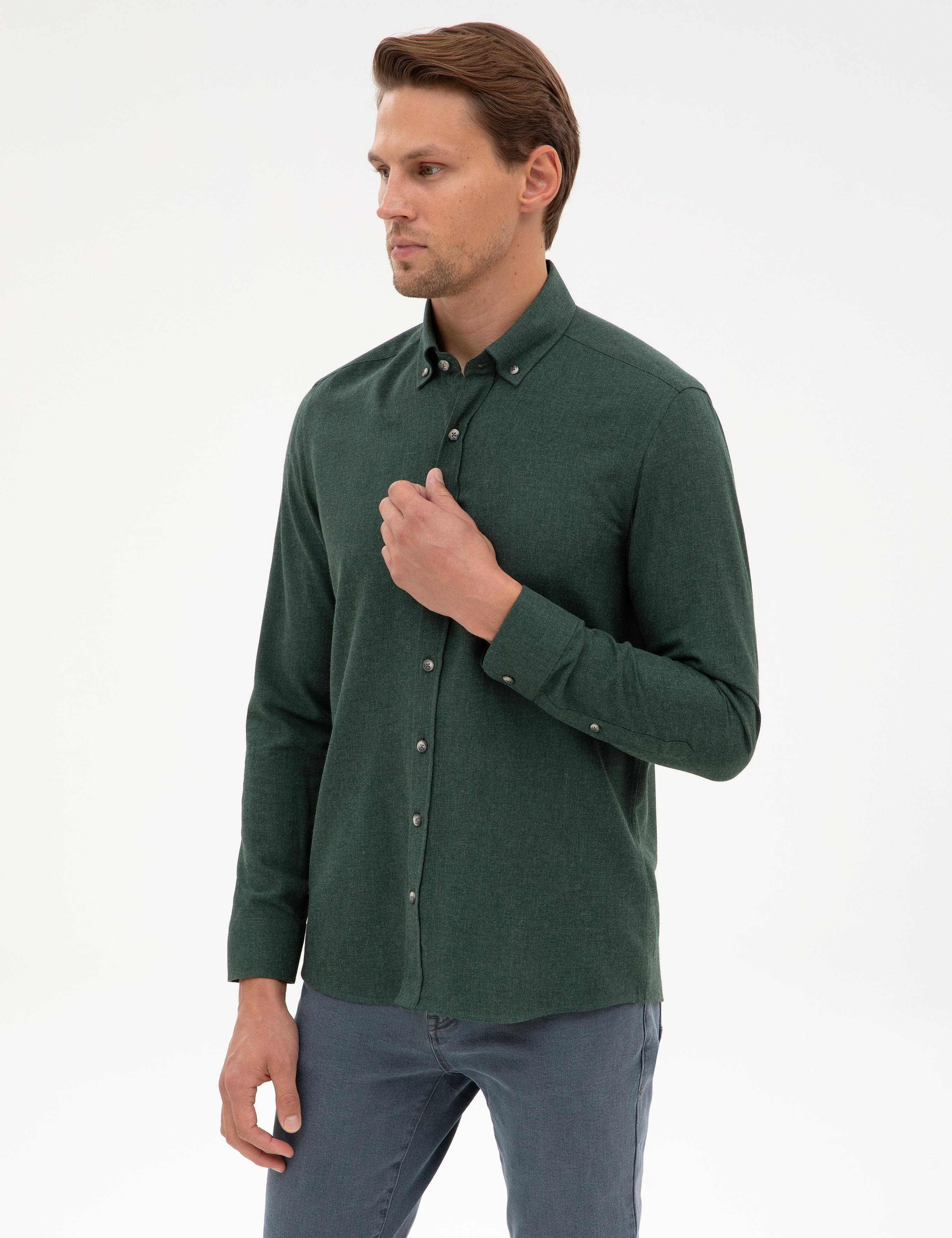 Yeşil Flanel Dokulu Slim Fit Uzun Kollu Gömlek