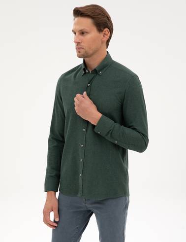 Yeşil Flanel Dokulu Slim Fit Uzun Kollu Gömlek