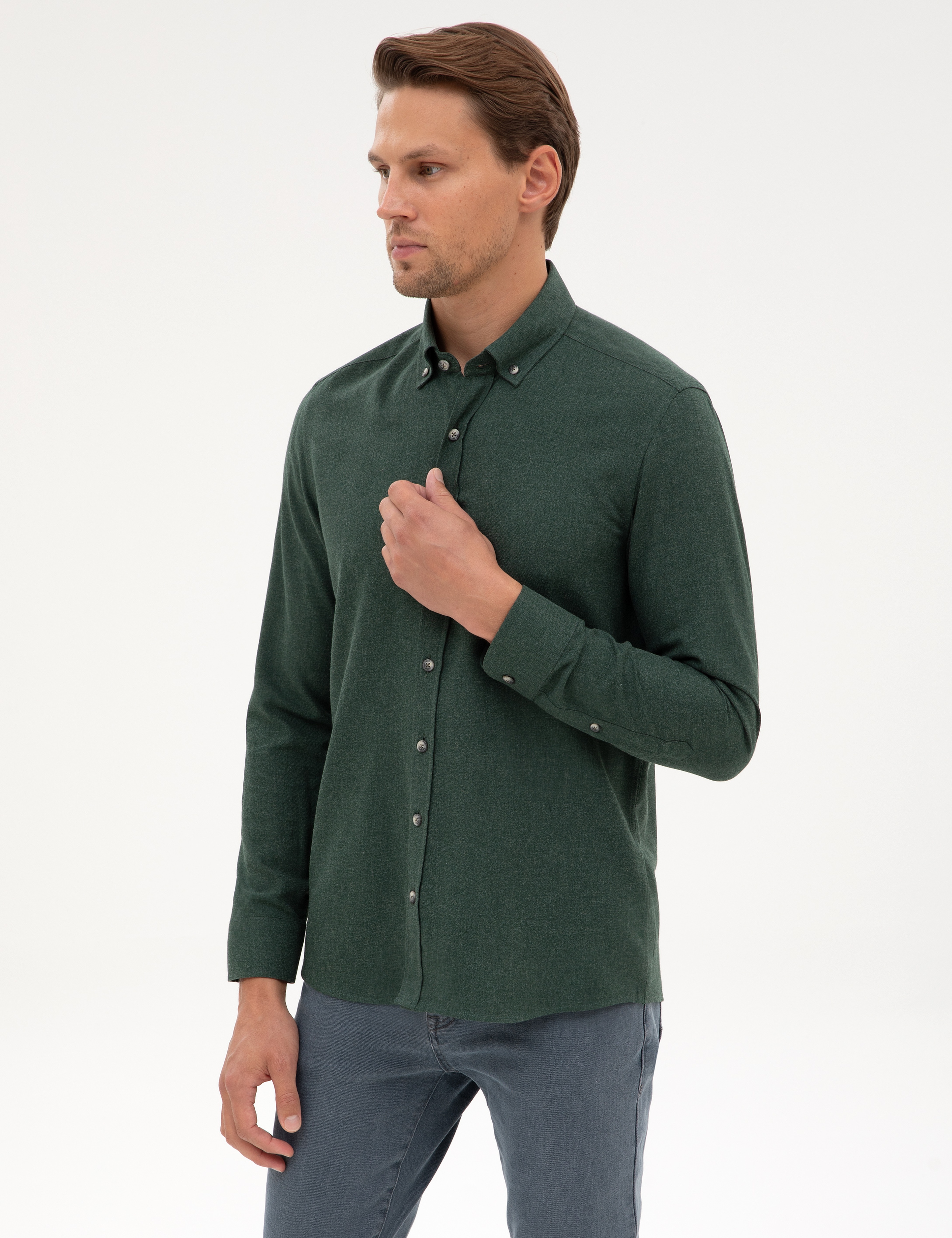 Yeşil Flanel Dokulu Slim Fit Uzun Kollu Gömlek - Image 3