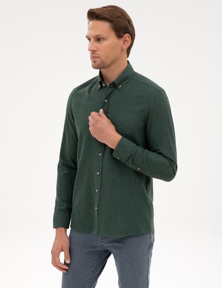 Yeşil Flanel Dokulu Slim Fit Uzun Kollu Gömlek - 50316751051