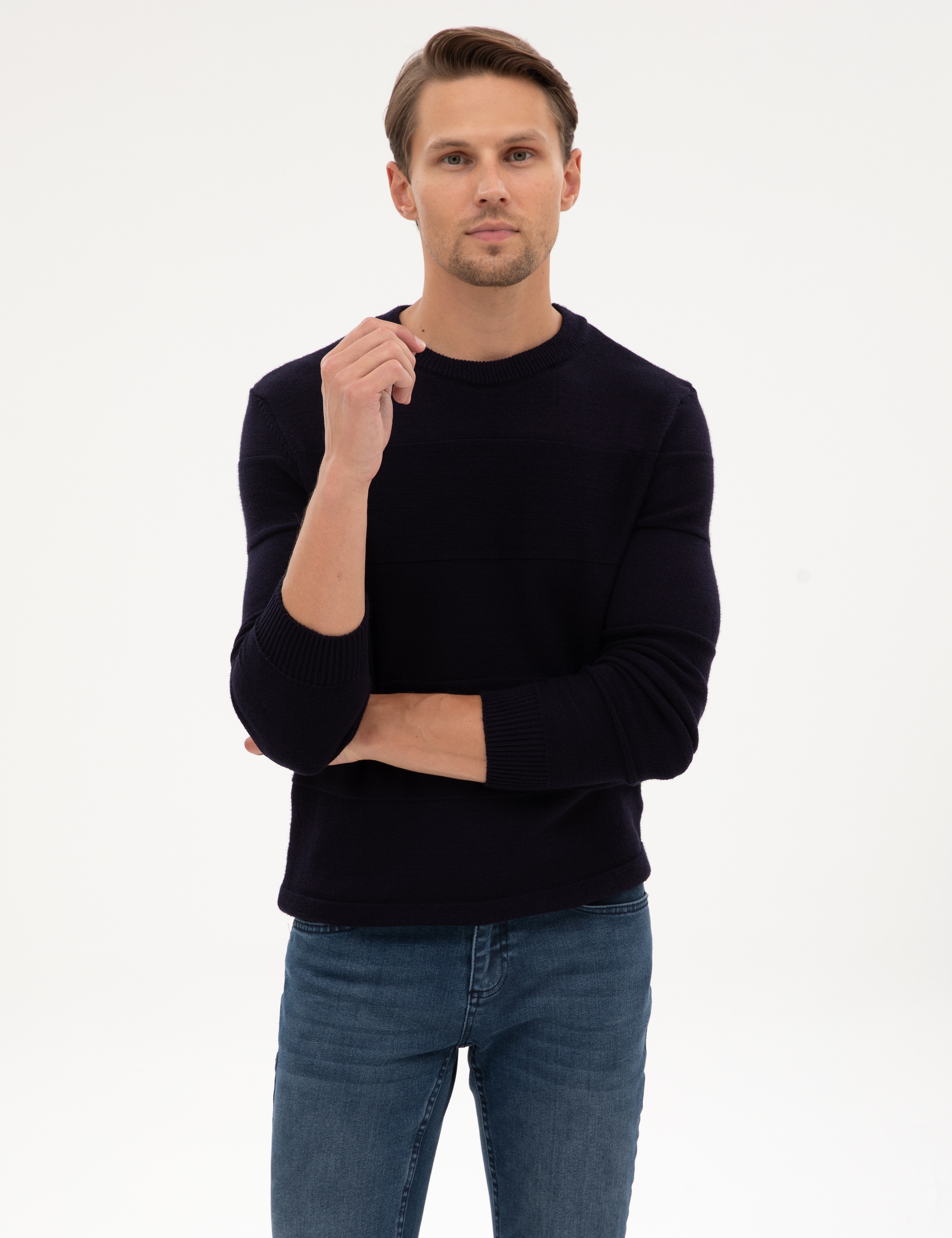 Lacivert Slim Fit Bisiklet Yaka Triko Kazak
