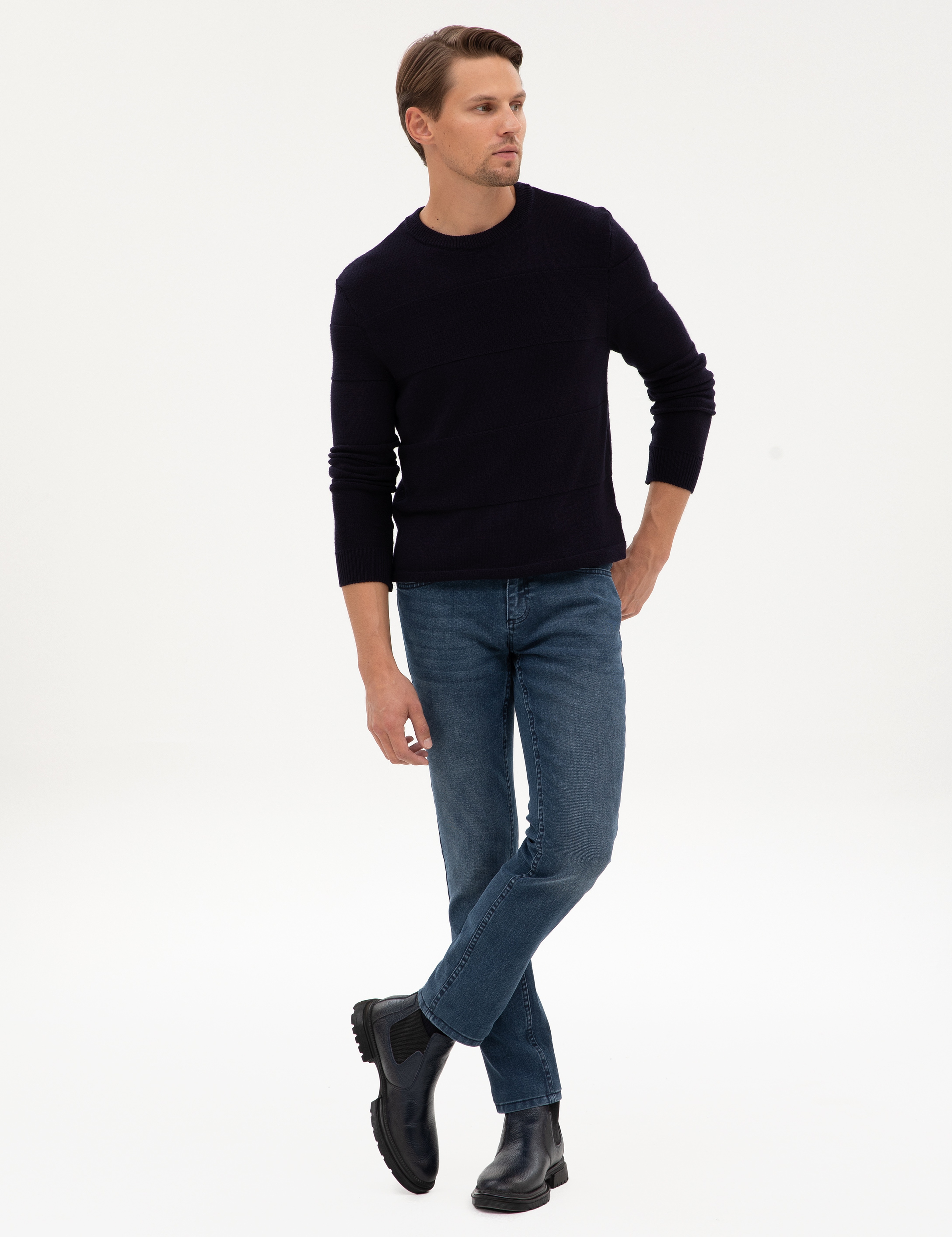 Lacivert Slim Fit Bisiklet Yaka Triko Kazak - Image 4