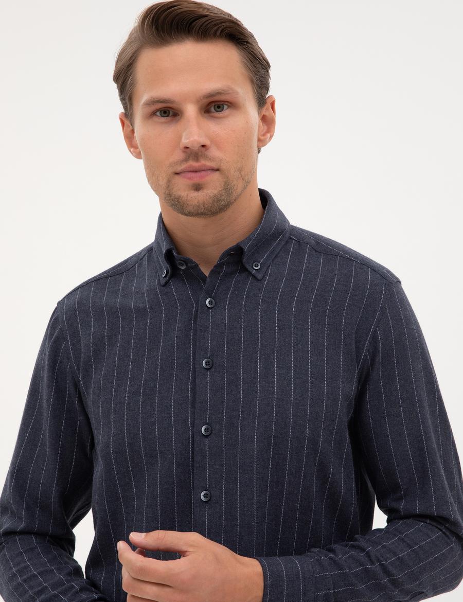 Lacivert Çizgili Regular Fit Uzun Kollu Gömlek