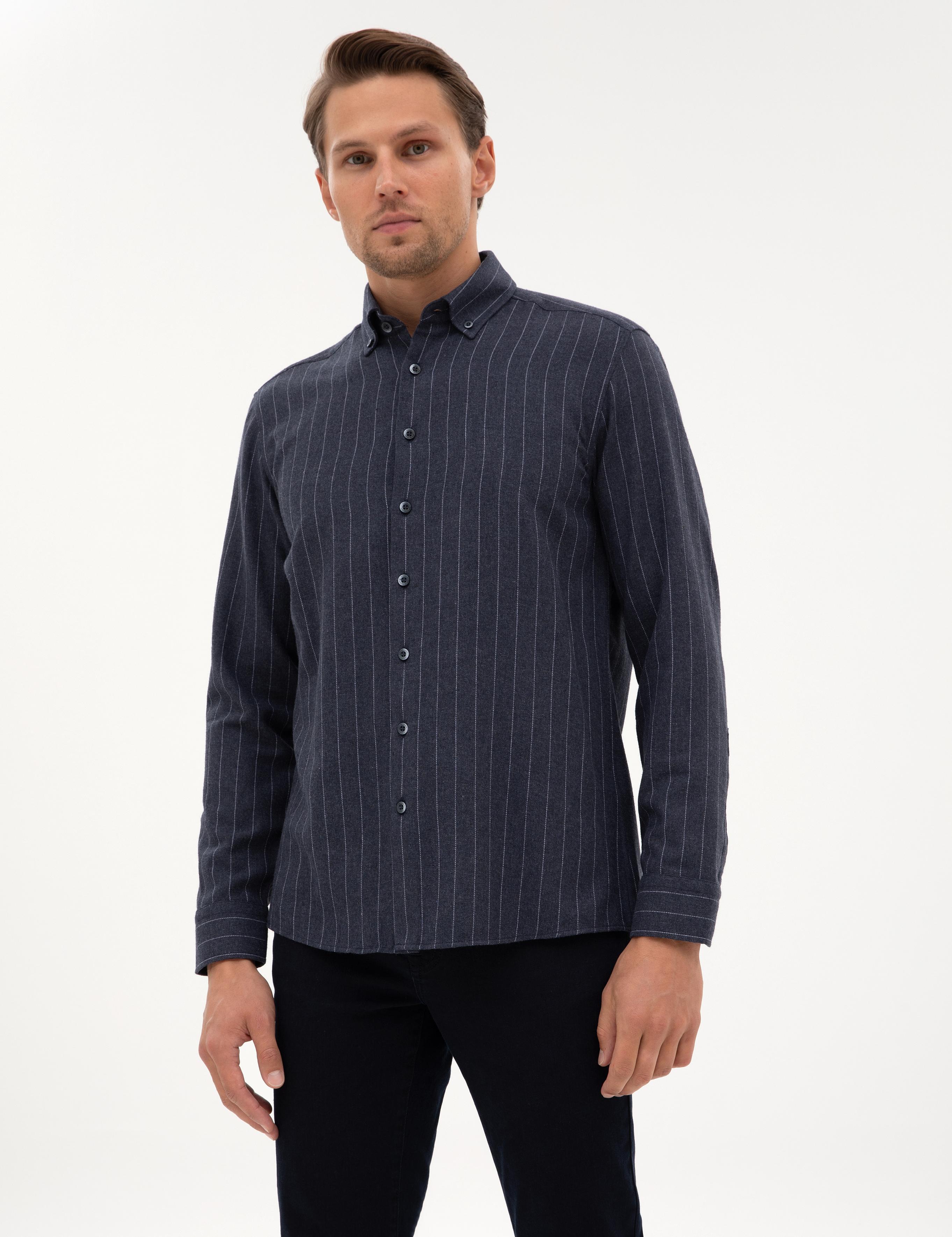 Lacivert Çizgili Regular Fit Uzun Kollu Gömlek