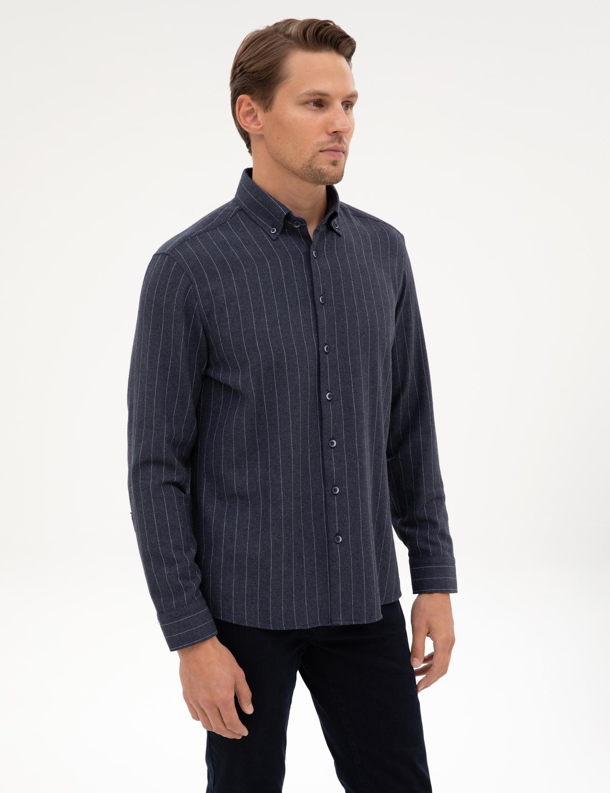 Lacivert Çizgili Regular Fit Uzun Kollu Gömlek - 50312366008